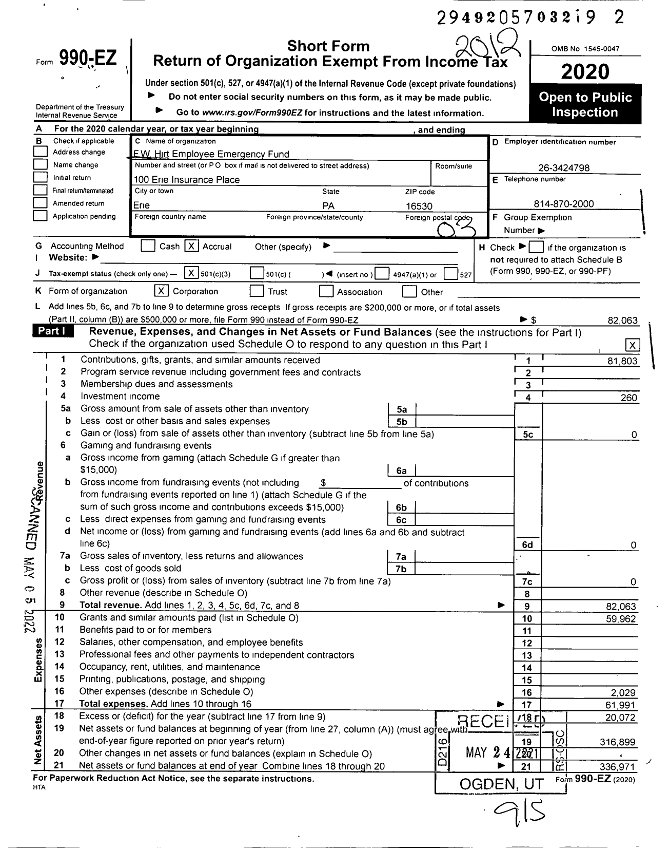 Image of first page of 2020 Form 990EZ for F W Hirt Employee Emergency Fund