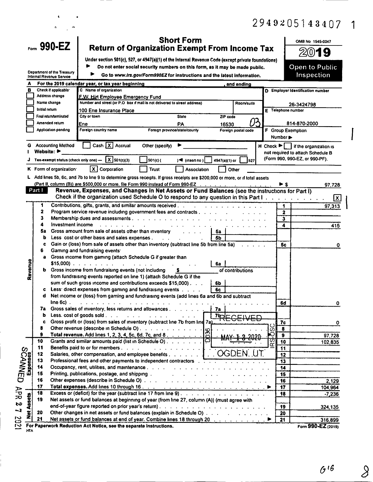 Image of first page of 2019 Form 990EZ for F W Hirt Employee Emergency Fund