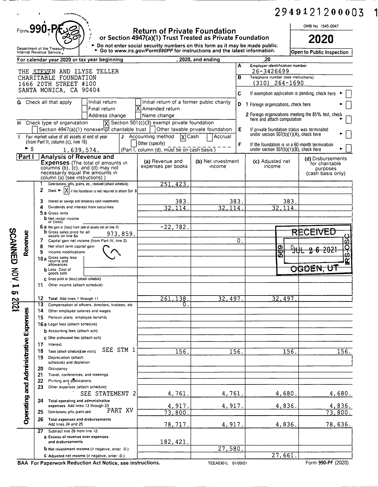 Image of first page of 2020 Form 990PF for The Steven and Ilyse Teller Charitable Foundation