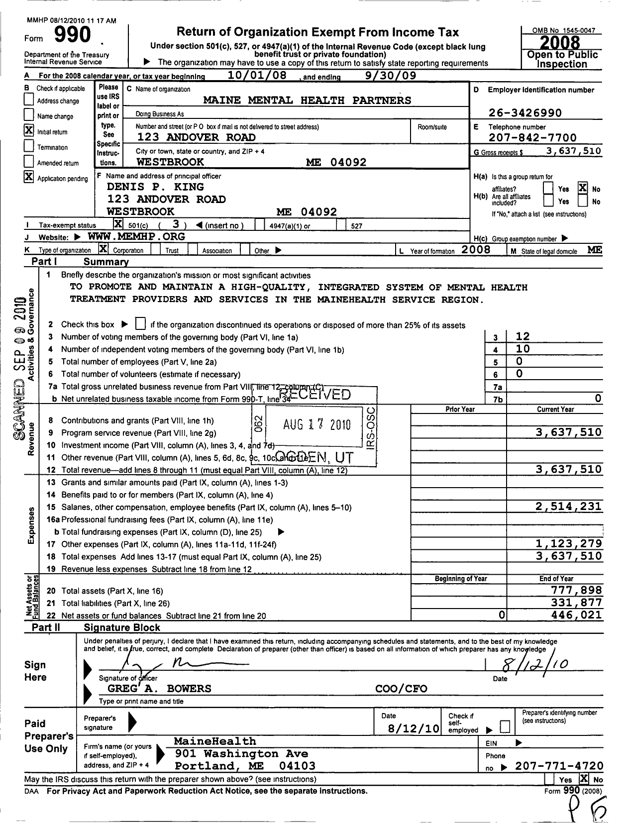 Image of first page of 2008 Form 990 for Maine Mental Health Partners