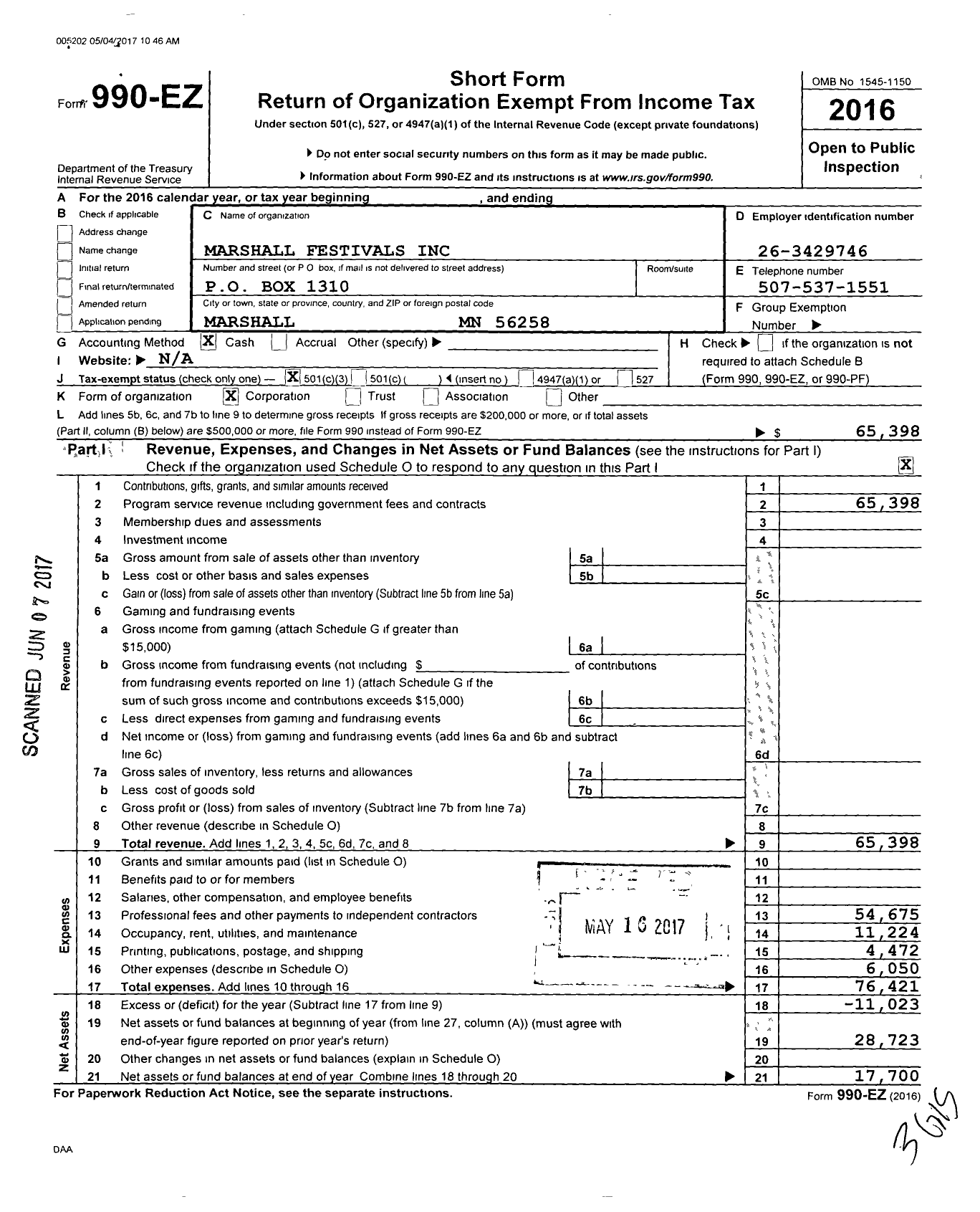 Image of first page of 2016 Form 990EZ for Marshall Festivals