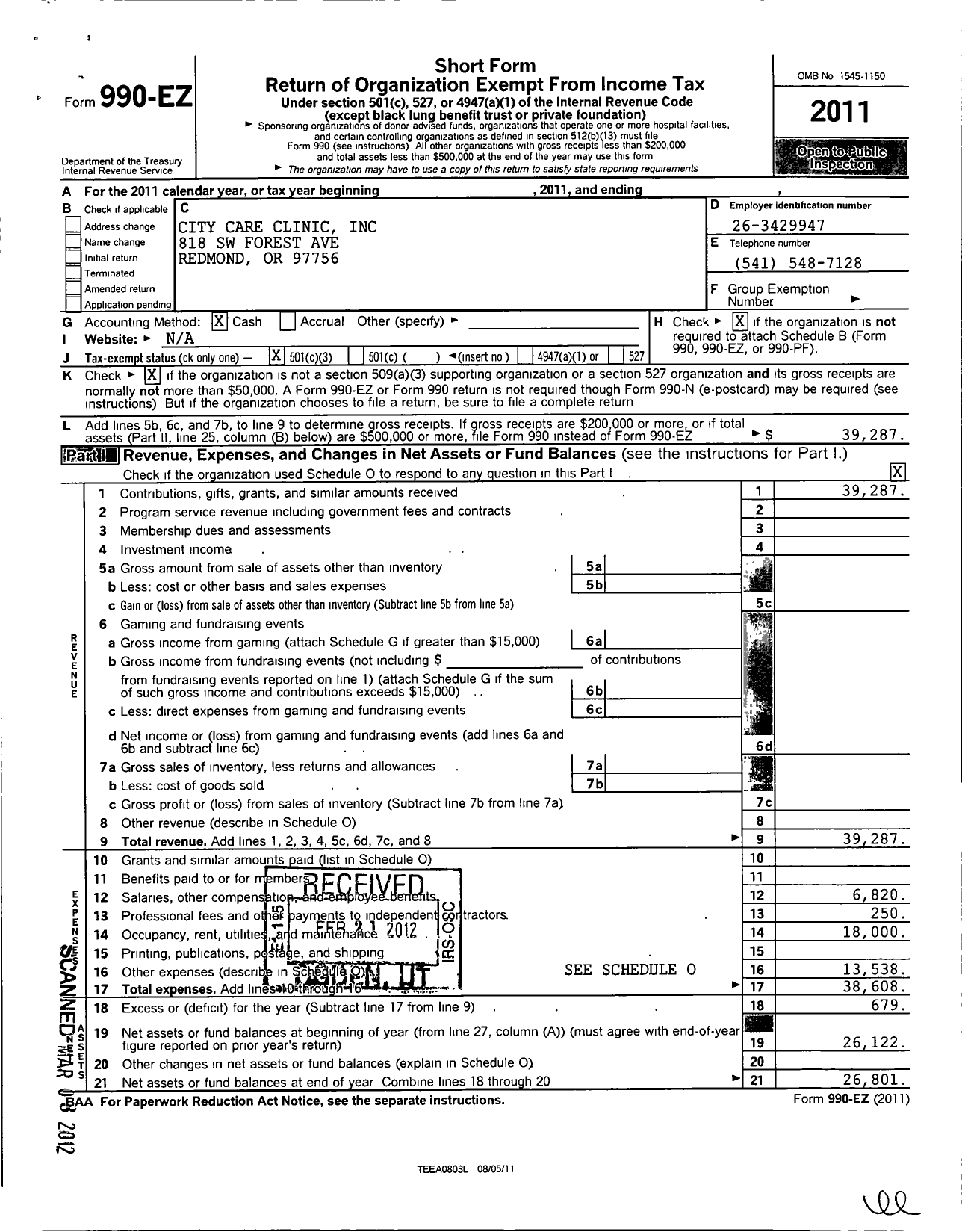 Image of first page of 2011 Form 990EZ for City Care Clinic