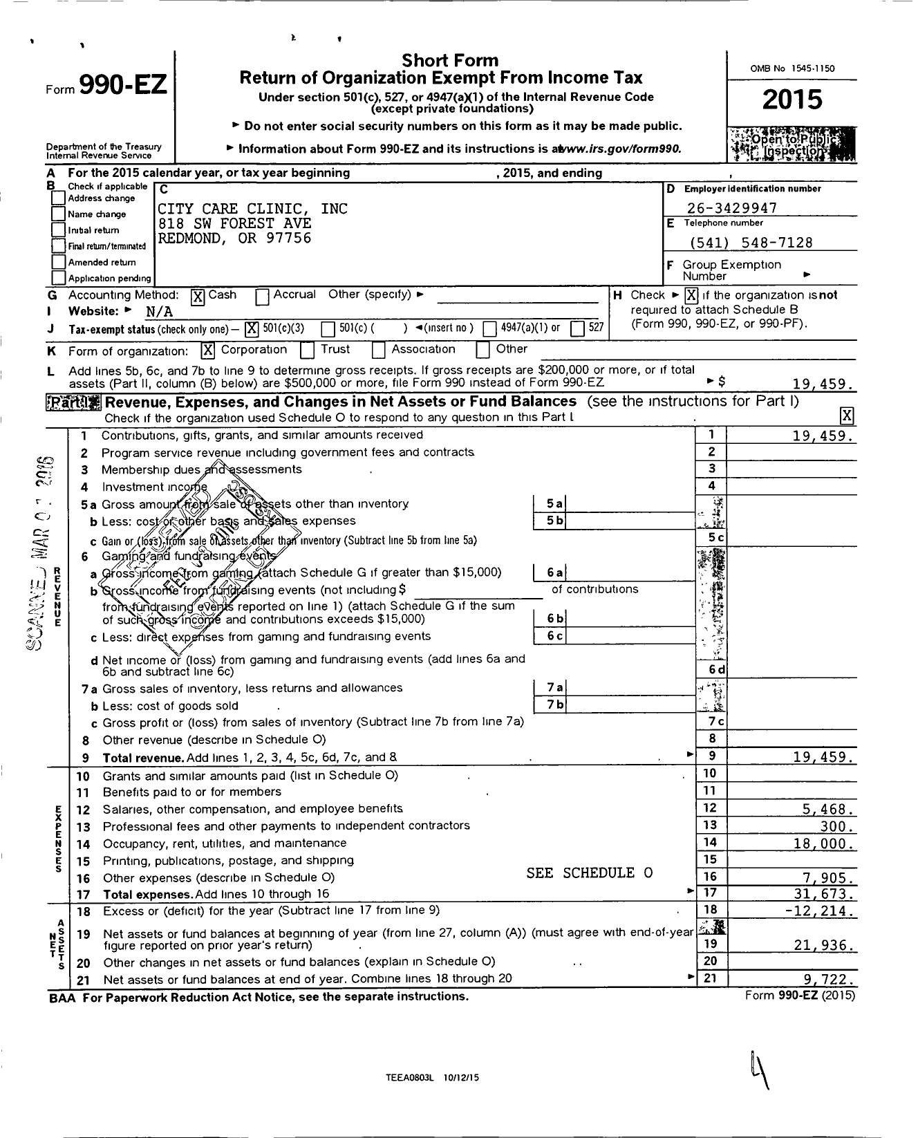 Image of first page of 2015 Form 990EZ for City Care Clinic