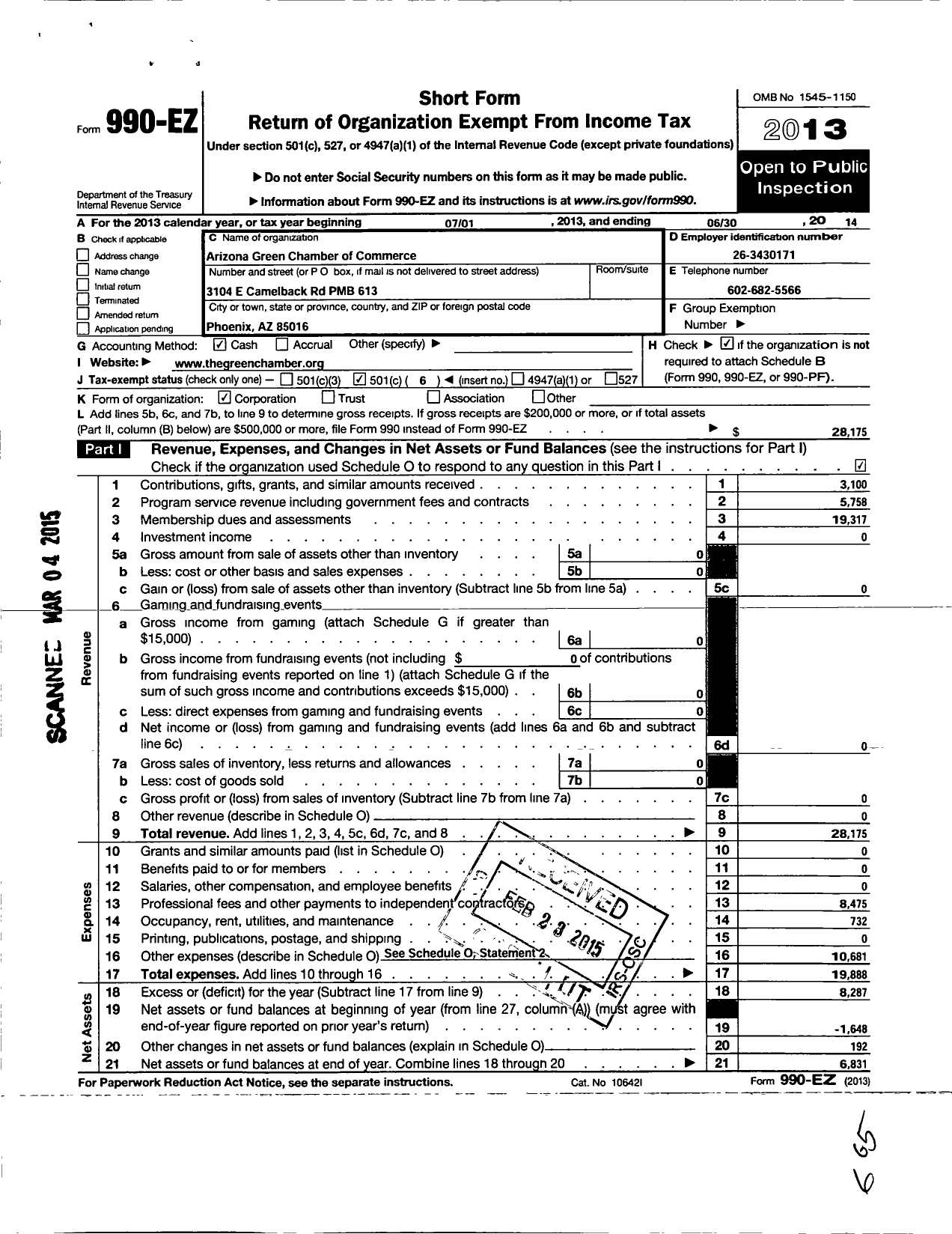 Image of first page of 2013 Form 990EO for Arizona Green Chamber of Commerce