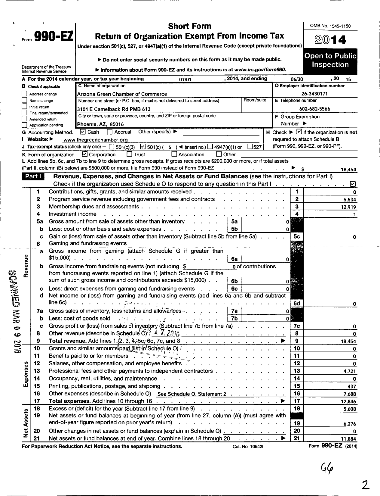 Image of first page of 2014 Form 990EO for Arizona Green Chamber of Commerce