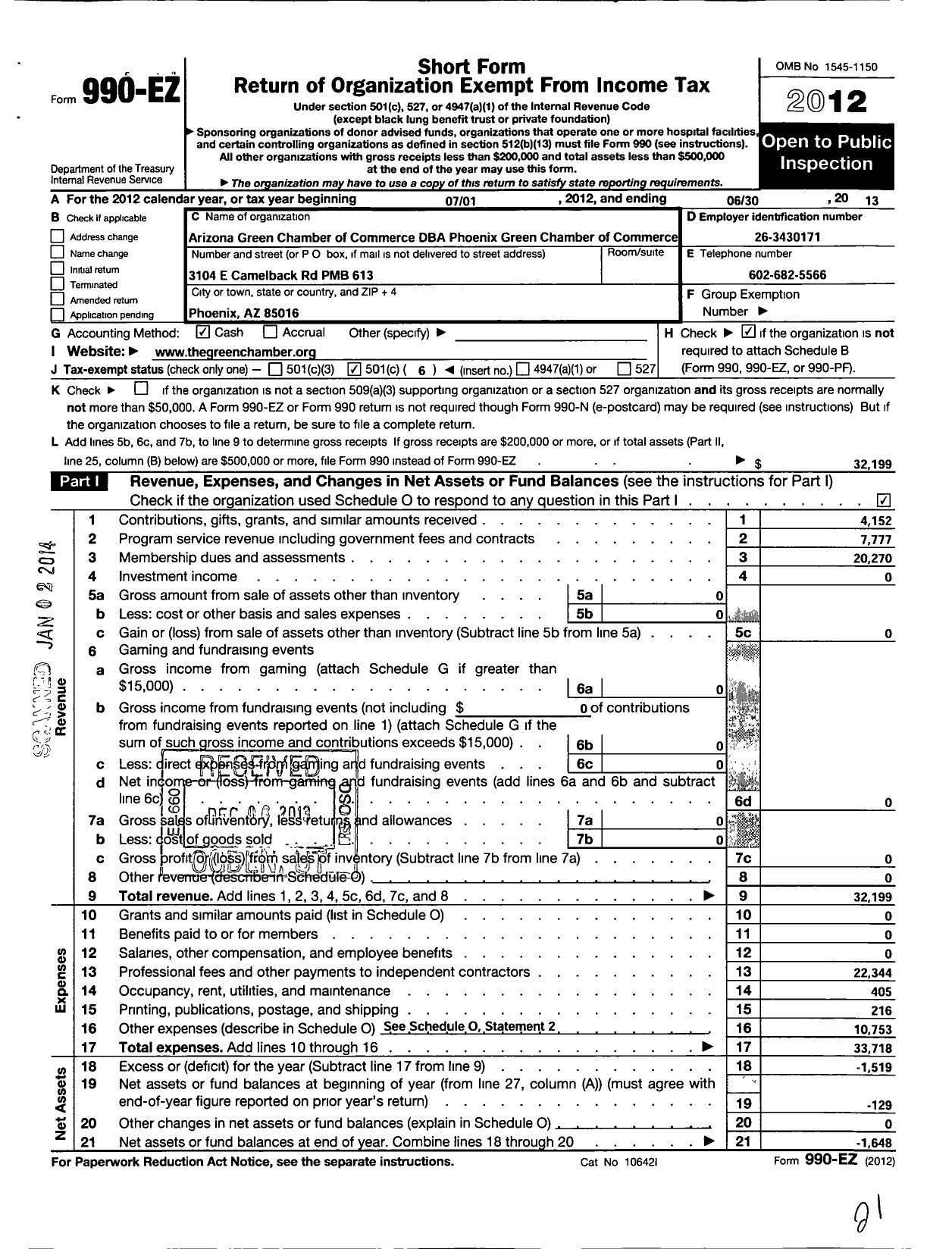 Image of first page of 2012 Form 990EO for Arizona Green Chamber of Commerce