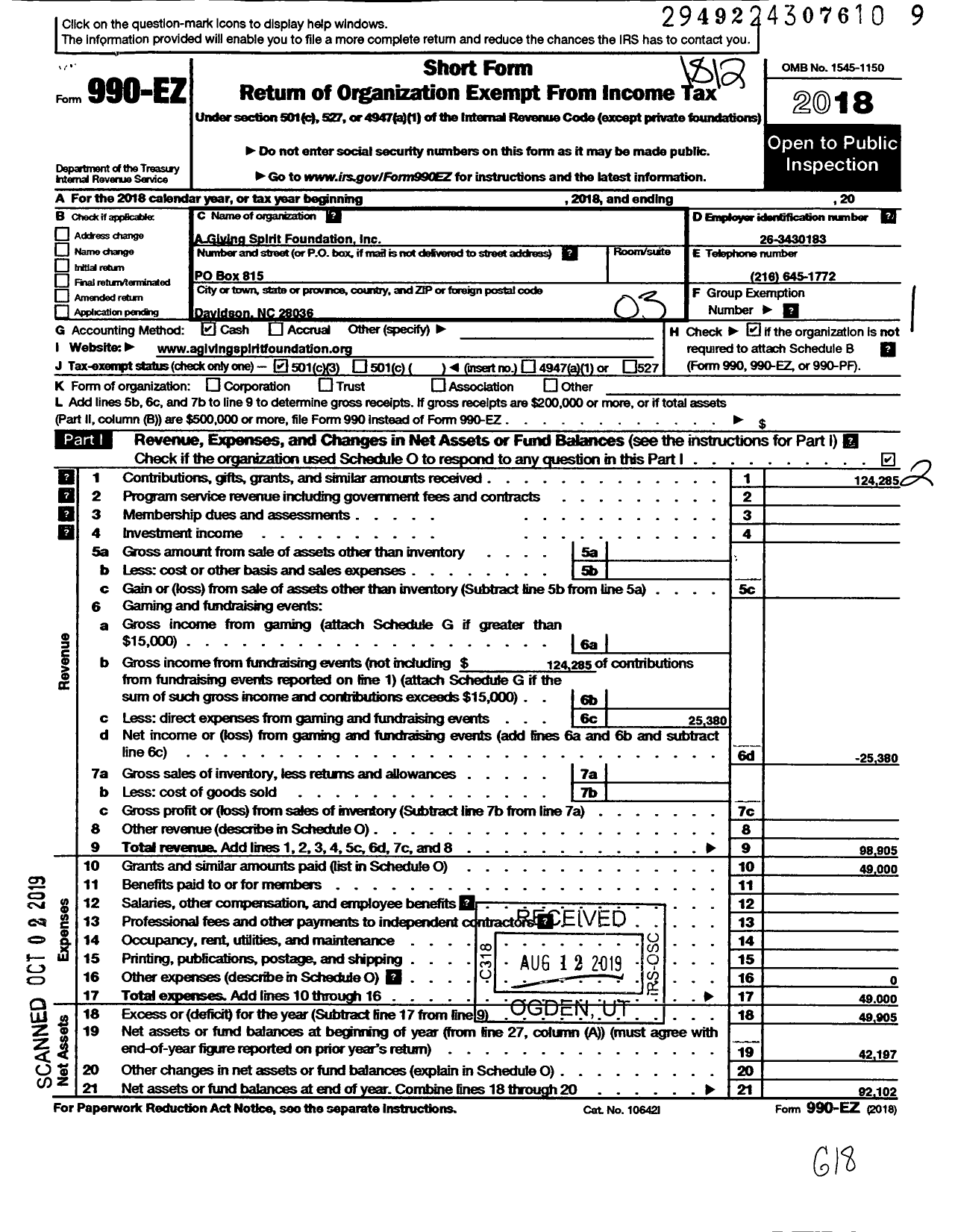 Image of first page of 2018 Form 990EZ for A Giving Spirit Foundation