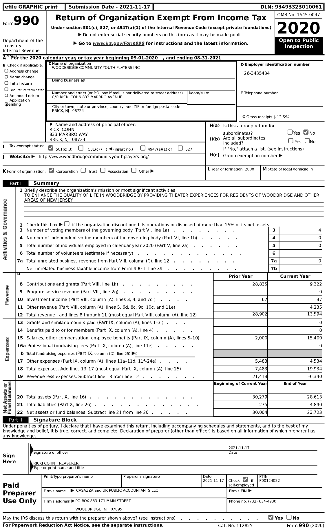 Image of first page of 2020 Form 990 for Woodbridge Community Youth Players