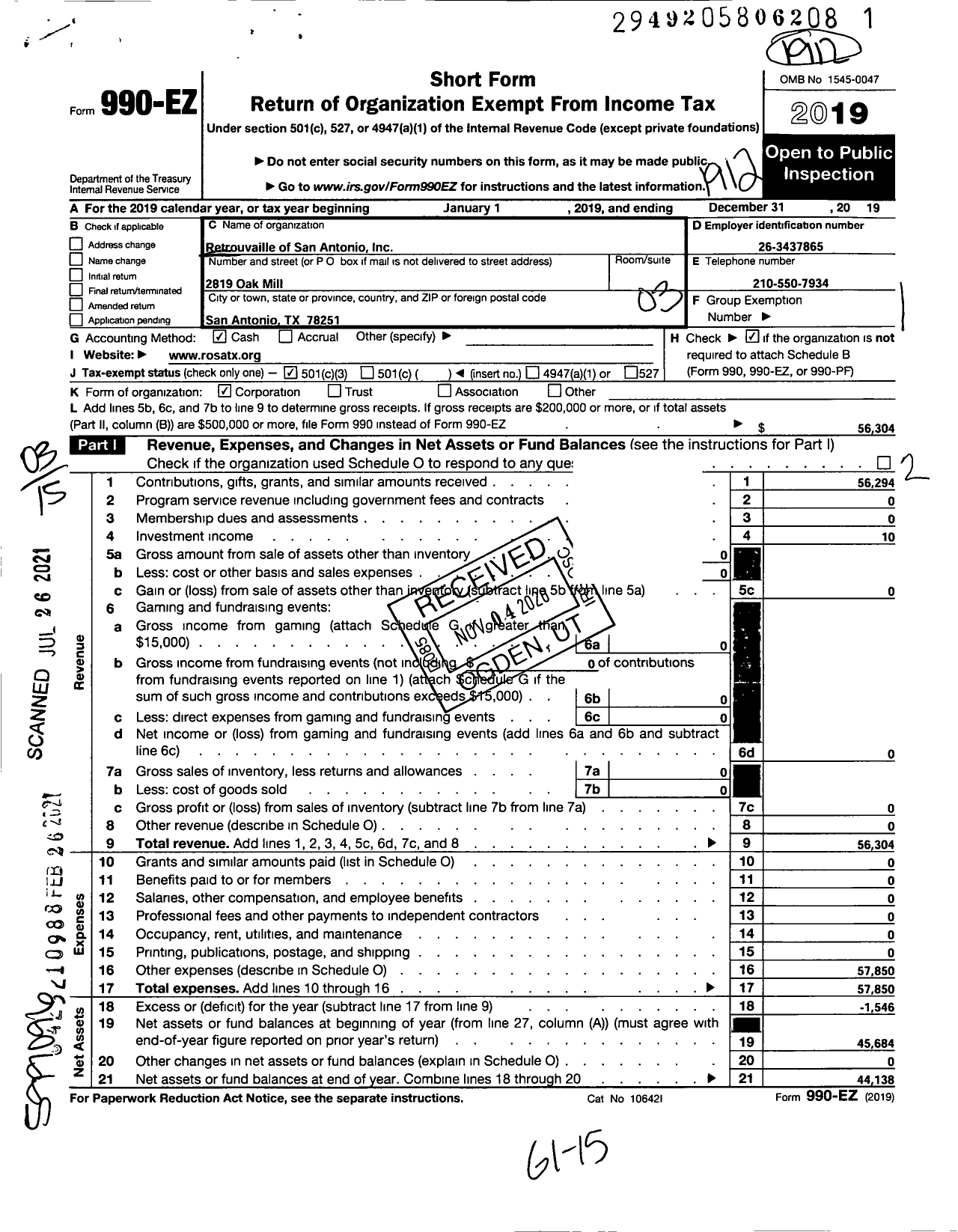 Image of first page of 2019 Form 990EZ for Retrouvaille of San Antonio Retrouvaille of San Antonio