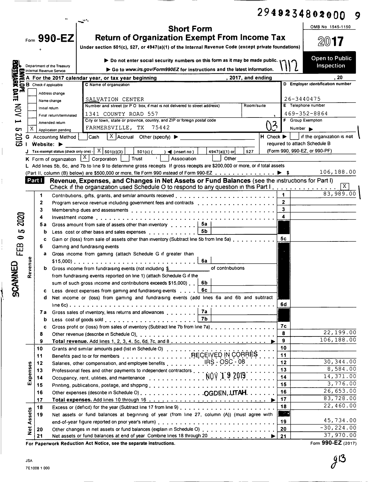 Image of first page of 2017 Form 990EZ for Salvation Center