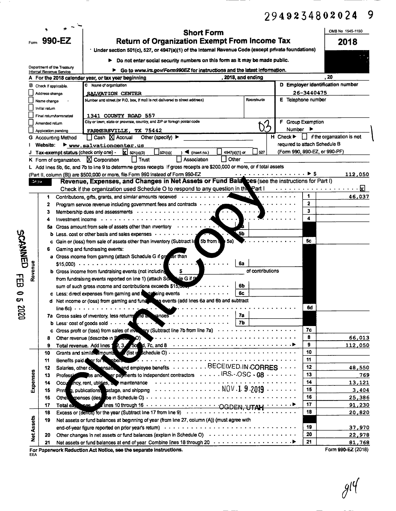 Image of first page of 2018 Form 990EZ for Salvation Center