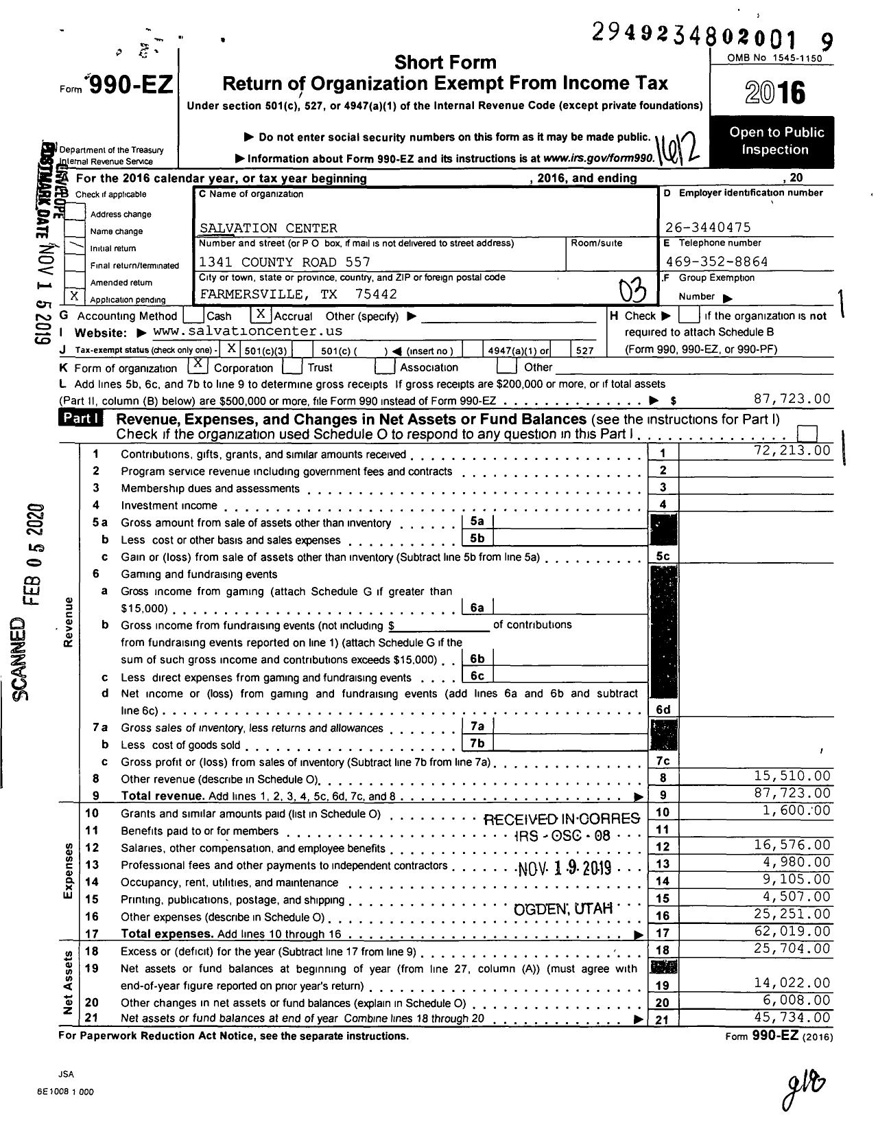 Image of first page of 2016 Form 990EZ for Salvation Center