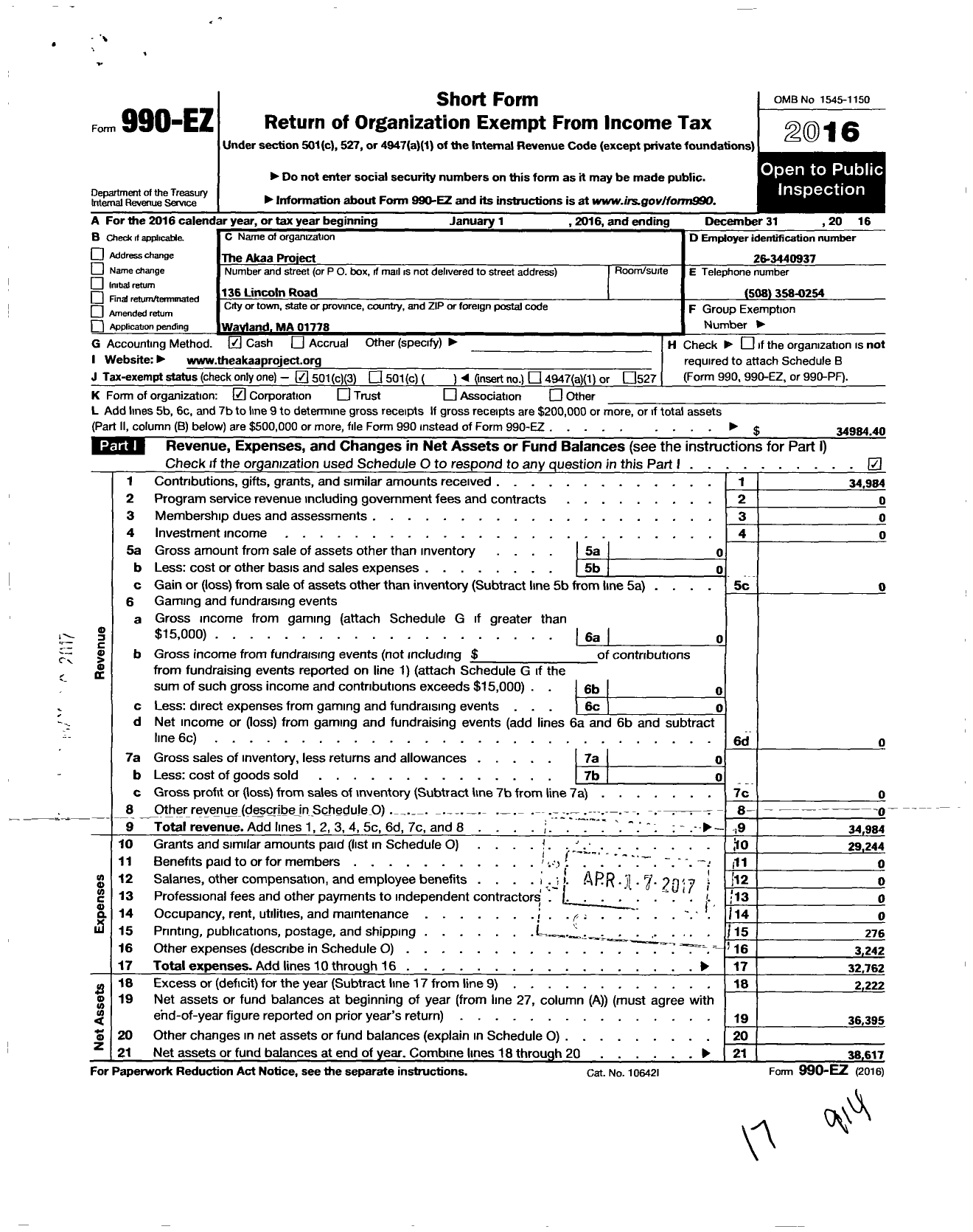 Image of first page of 2016 Form 990EZ for Akaa Project