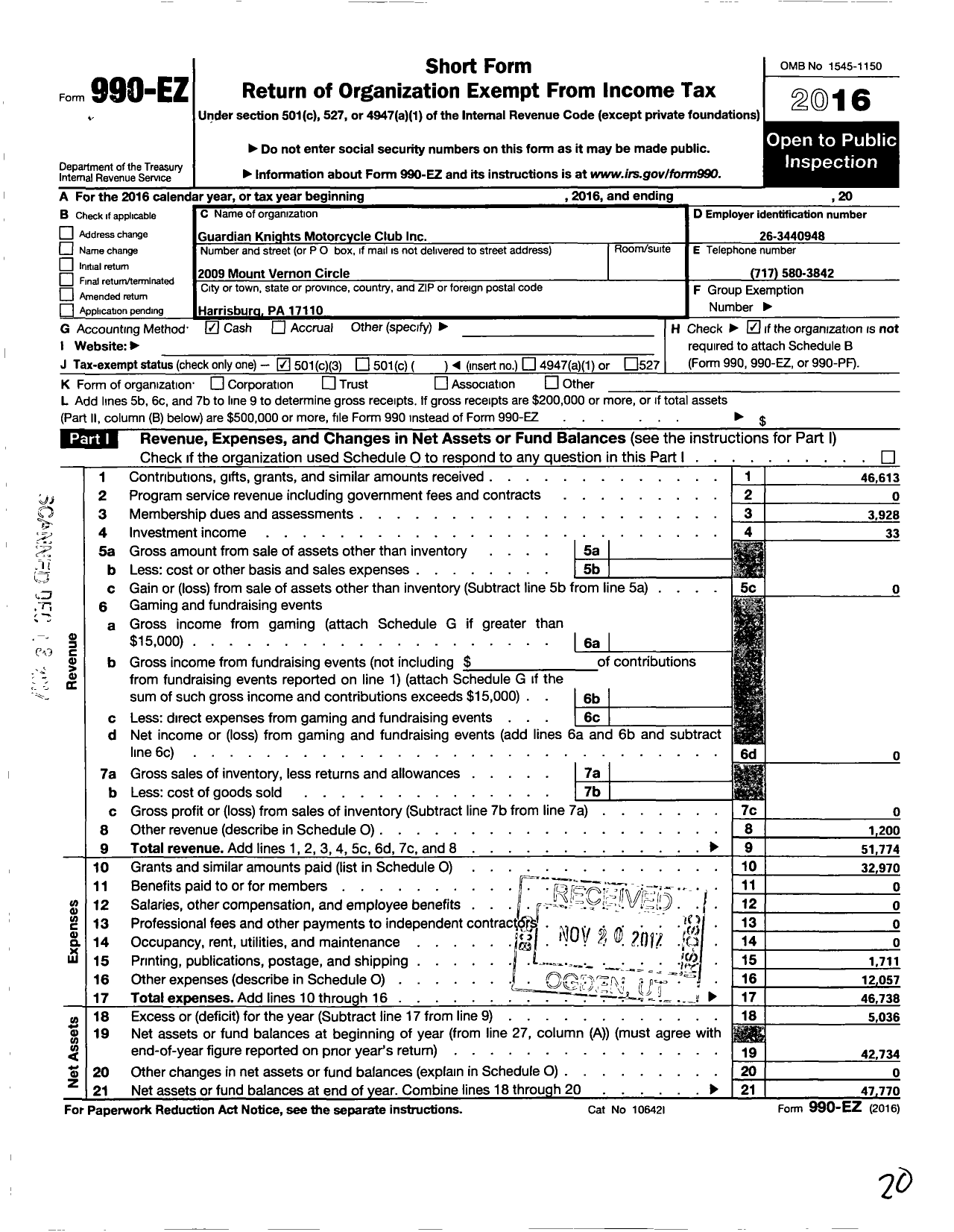 Image of first page of 2016 Form 990EZ for Guardian Knights Motorcycle Club