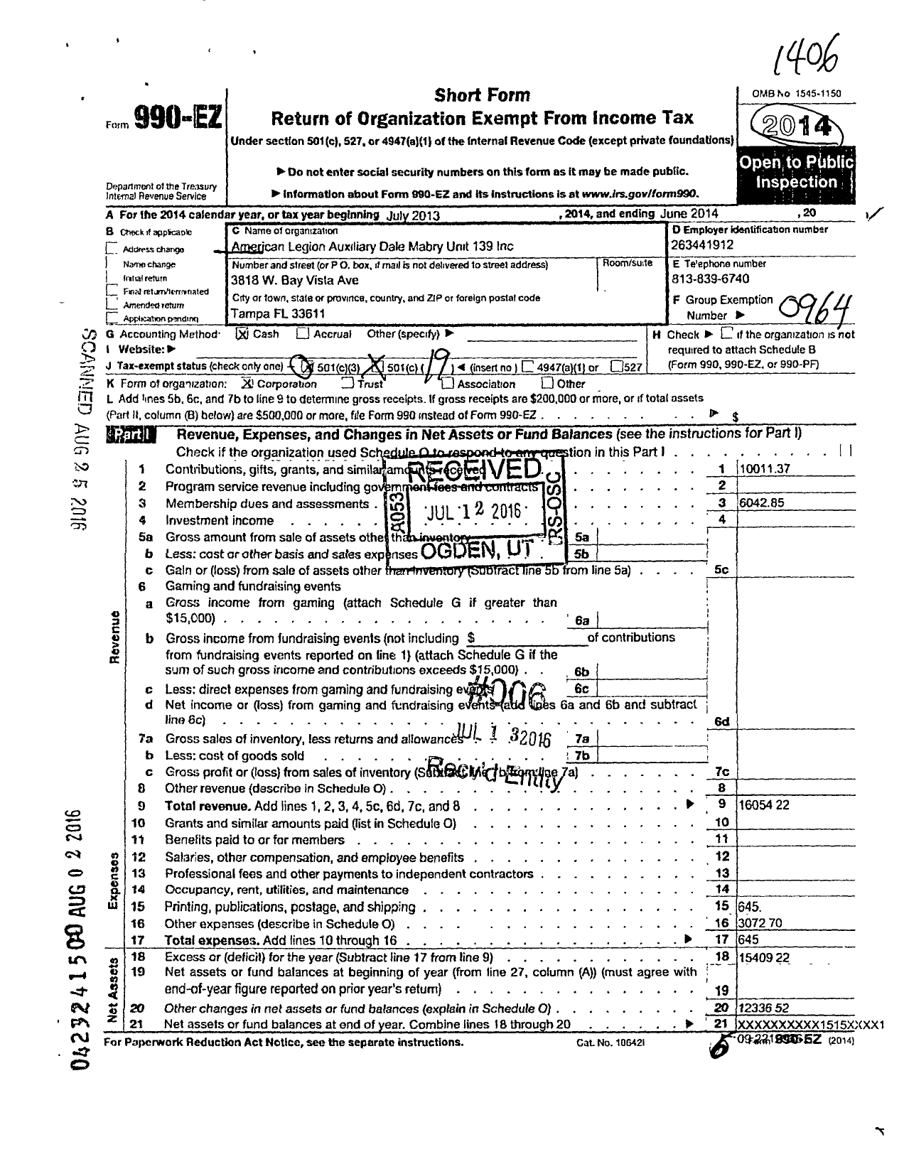 Image of first page of 2013 Form 990EO for American Legion Auxiliary-Dale Mabry Unit 139