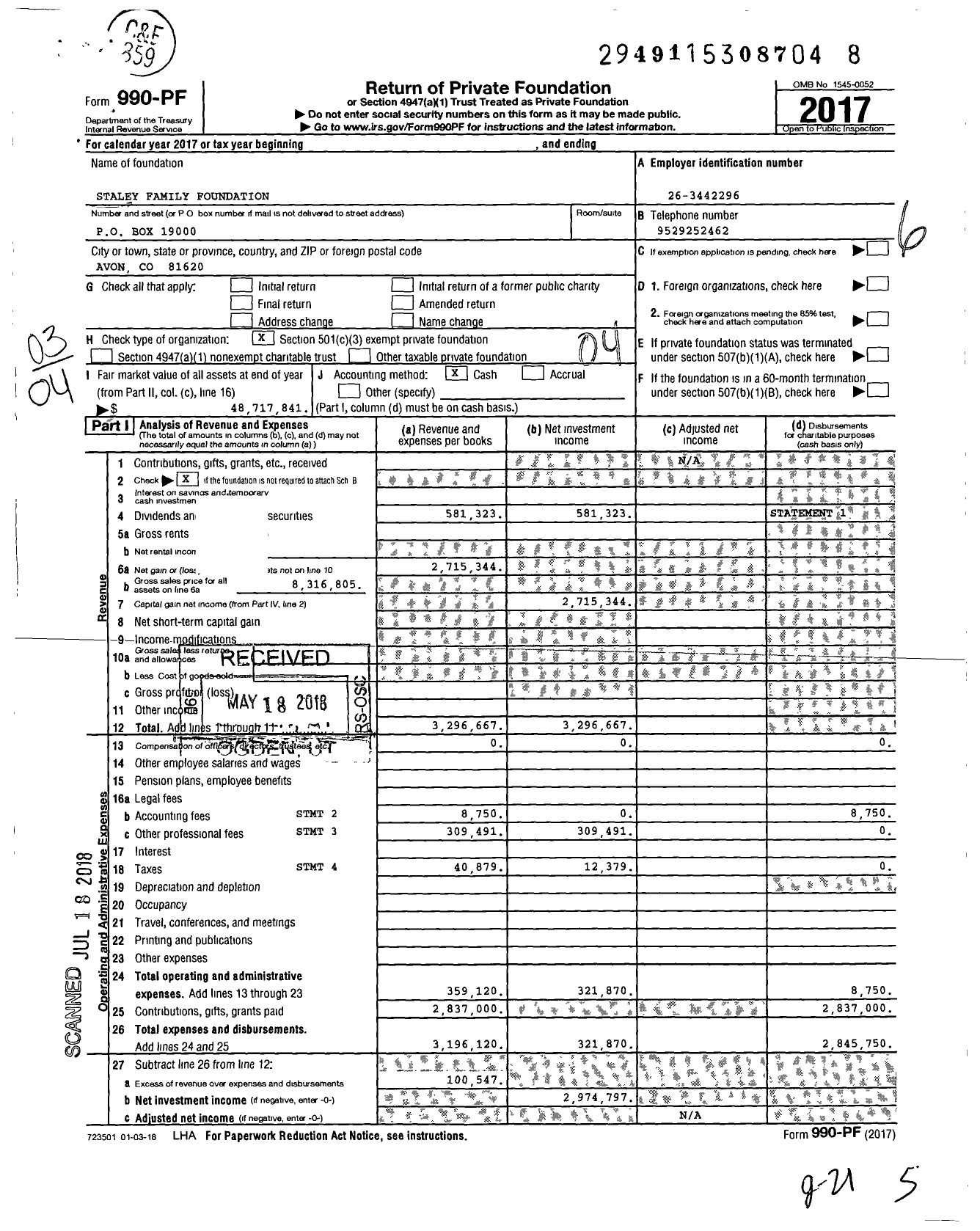 Image of first page of 2017 Form 990PF for Staley Family Foundation