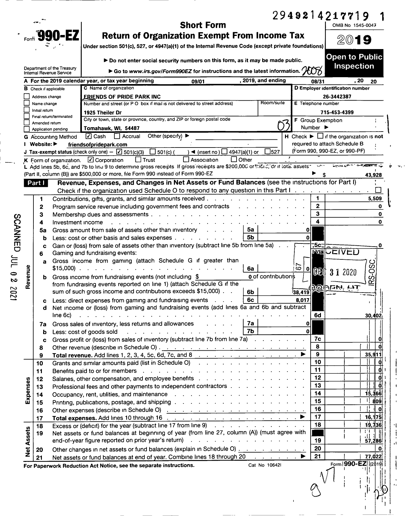 Image of first page of 2019 Form 990EZ for Friends of Pride Park