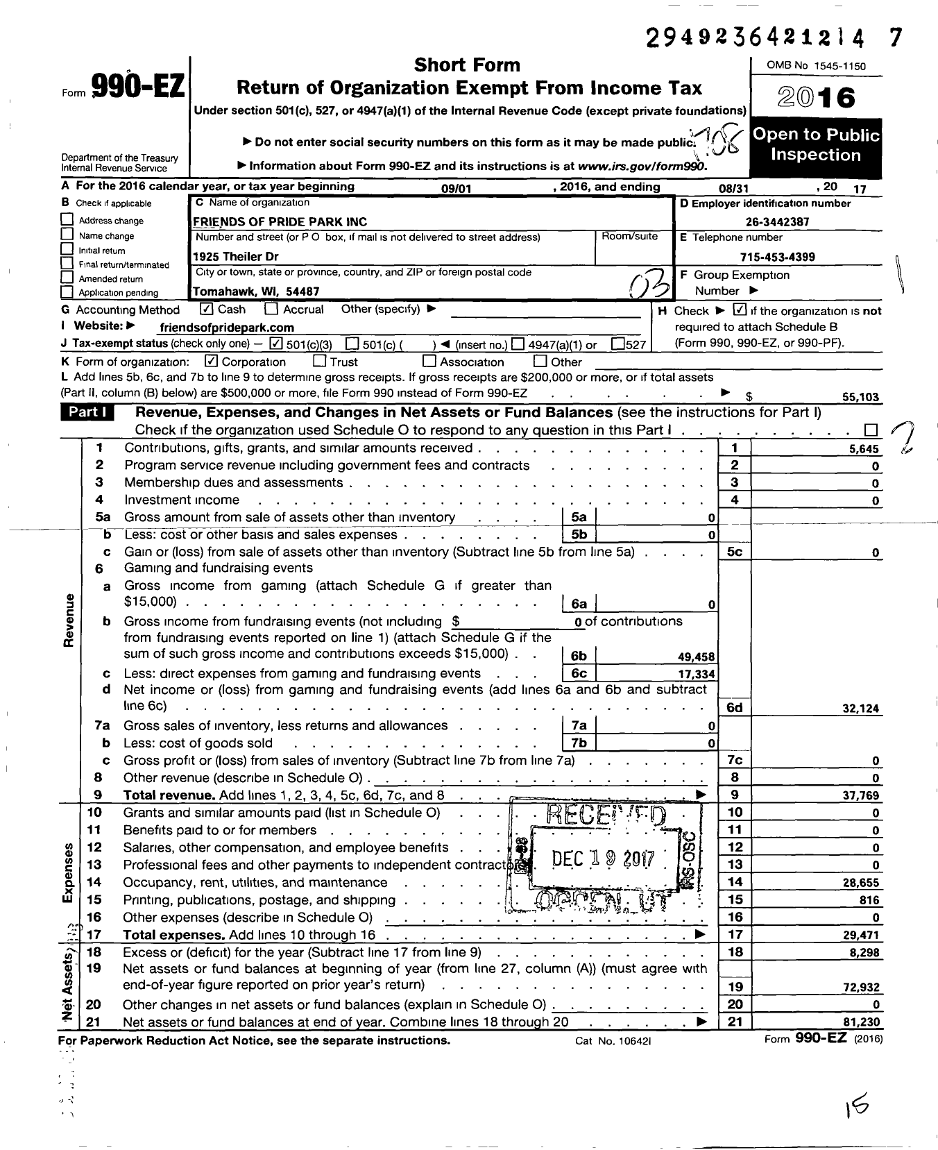 Image of first page of 2016 Form 990EZ for Friends of Pride Park