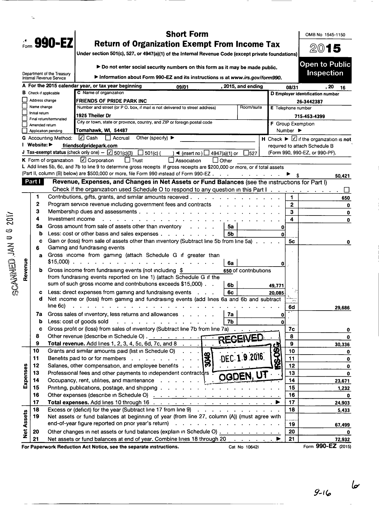 Image of first page of 2015 Form 990EZ for Friends of Pride Park