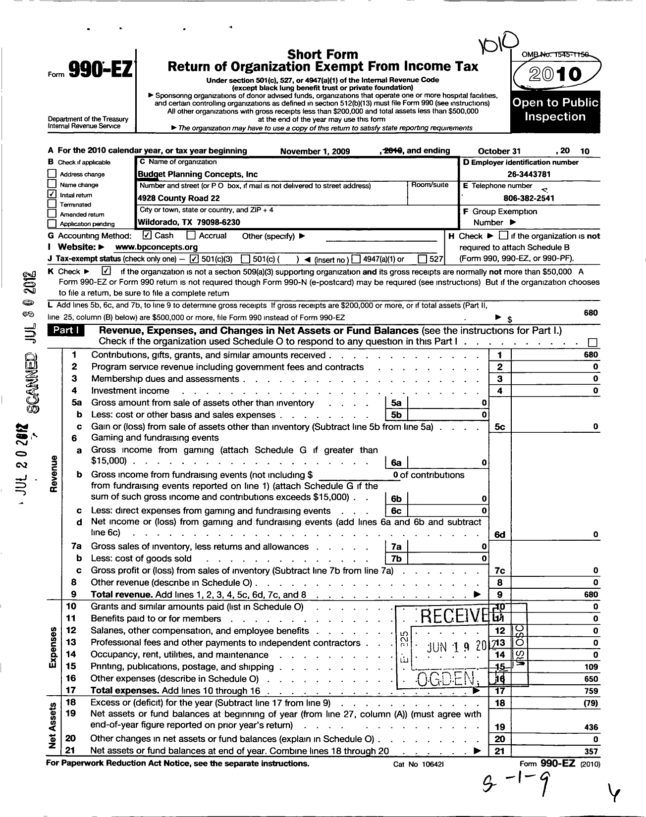 Image of first page of 2009 Form 990EZ for Budget Planning Concepts