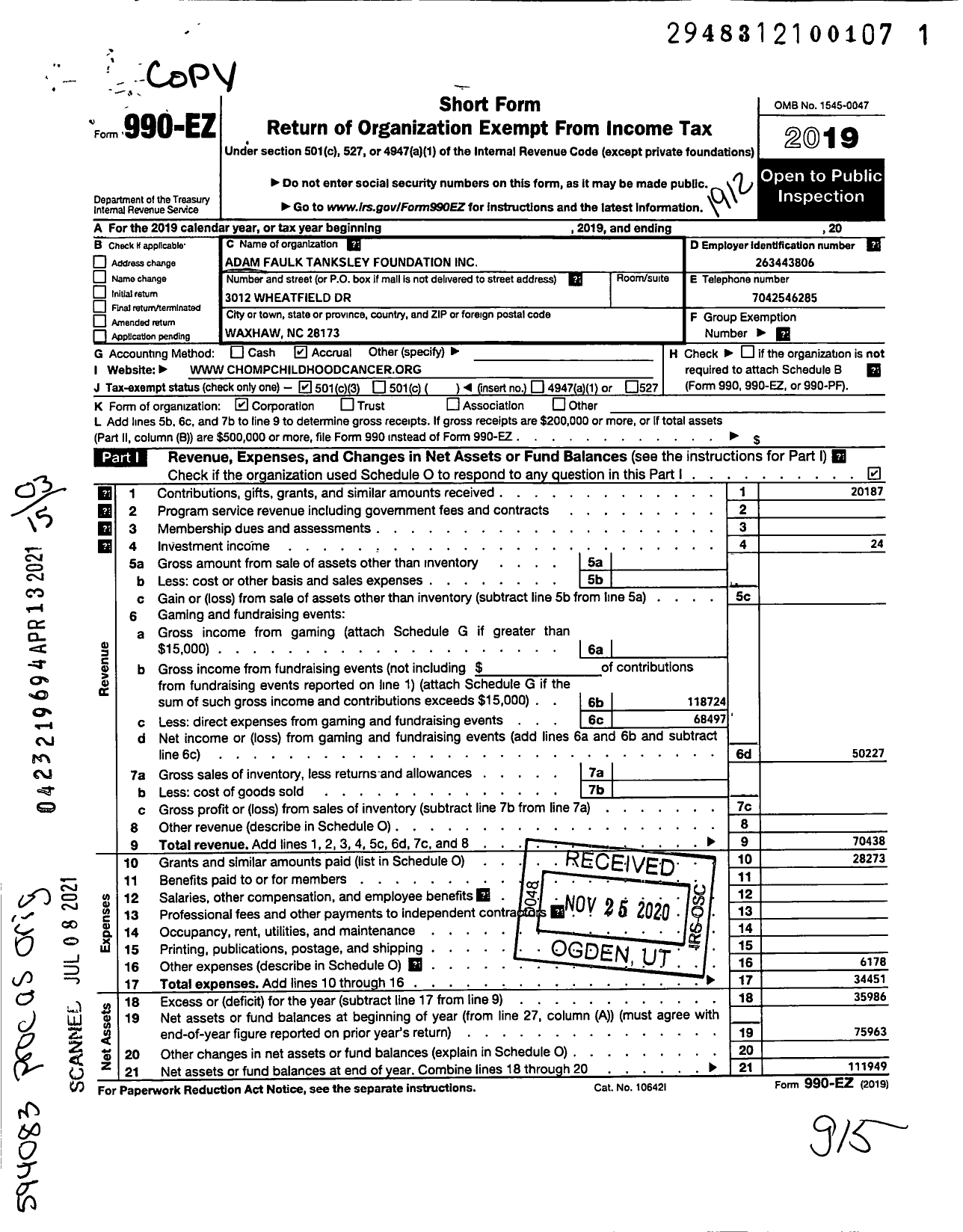 Image of first page of 2019 Form 990EZ for Adam Faulk Tanksley Foundation