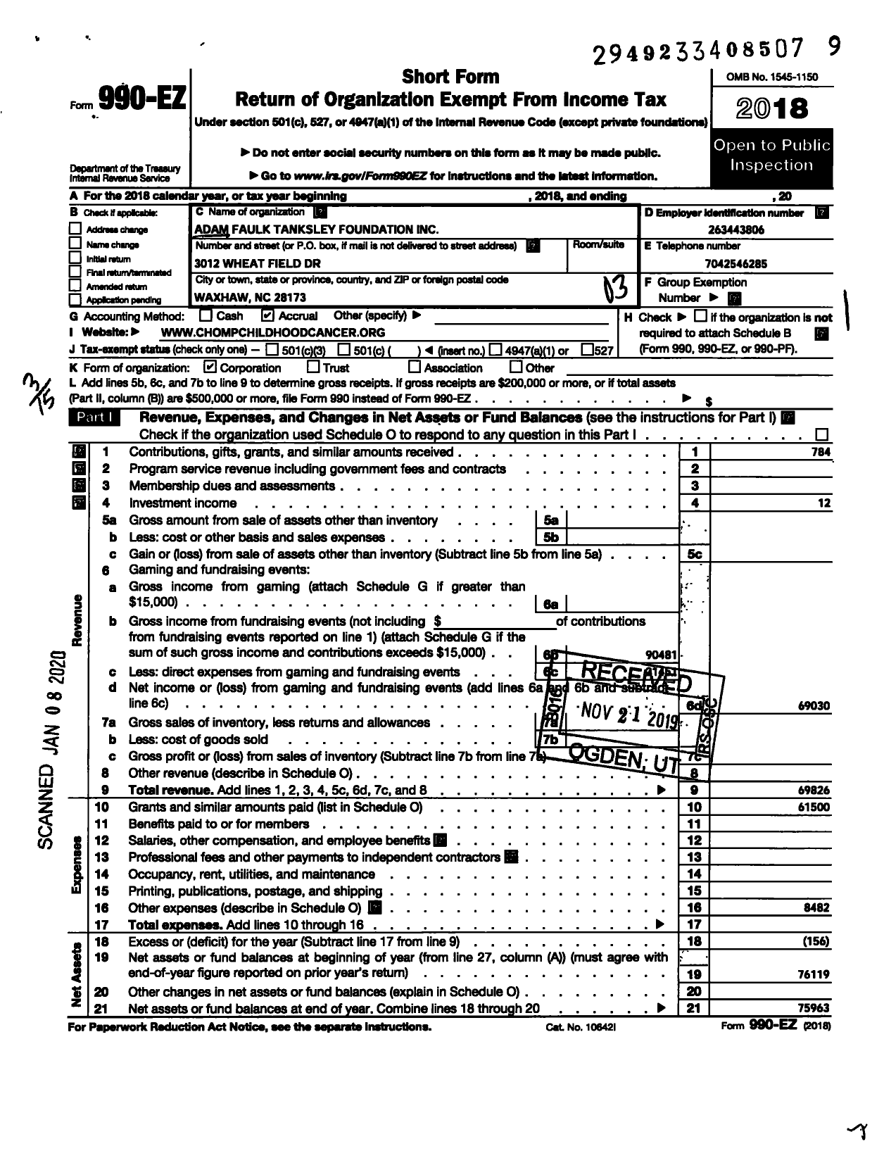 Image of first page of 2018 Form 990EZ for Adam Faulk Tanksley Foundation