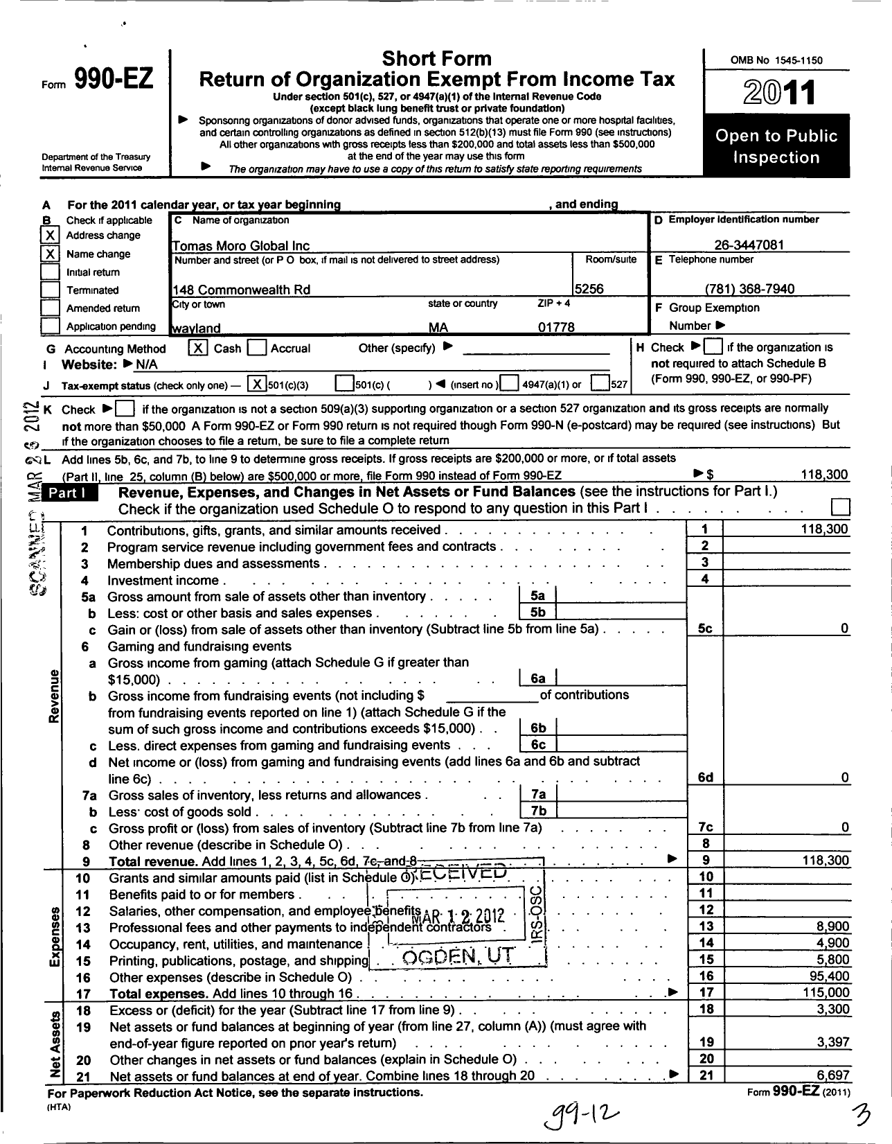 Image of first page of 2011 Form 990EZ for Cgu Global Leadership Foundation