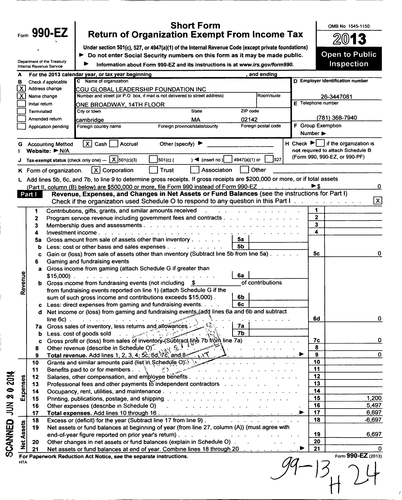 Image of first page of 2013 Form 990EZ for Cgu Global Leadership Foundation