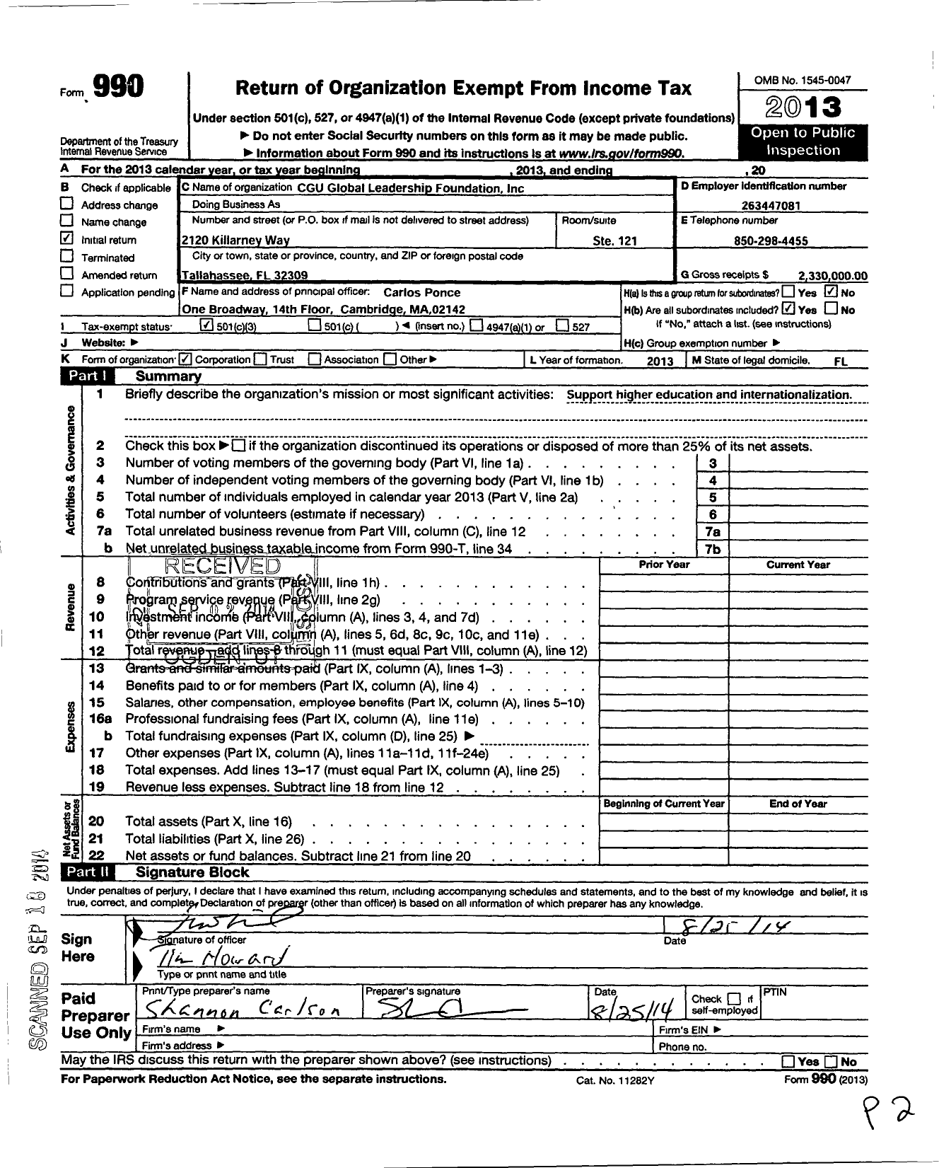 Image of first page of 2013 Form 990 for Cgu Global Leadership Foundation