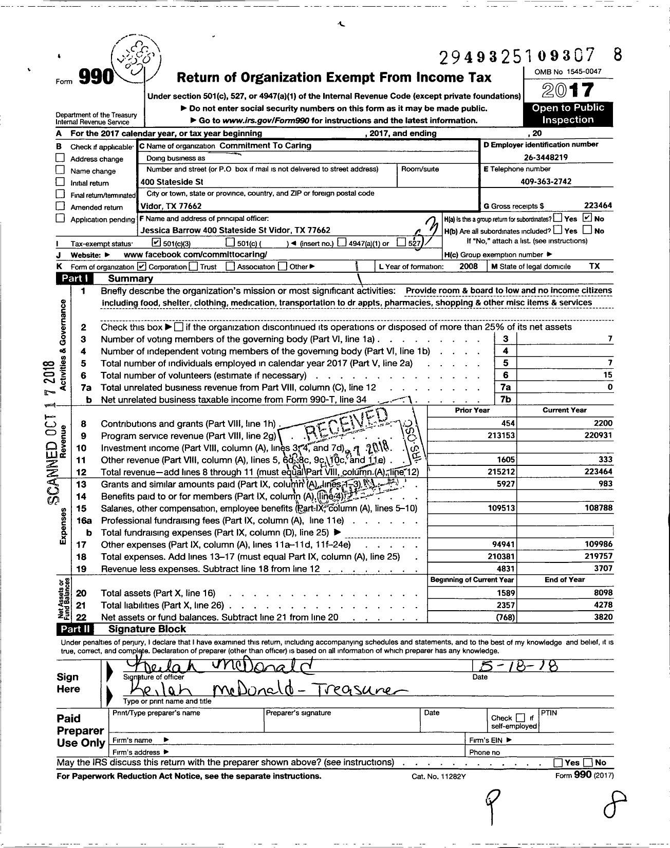 Image of first page of 2017 Form 990 for Commitment To Caring