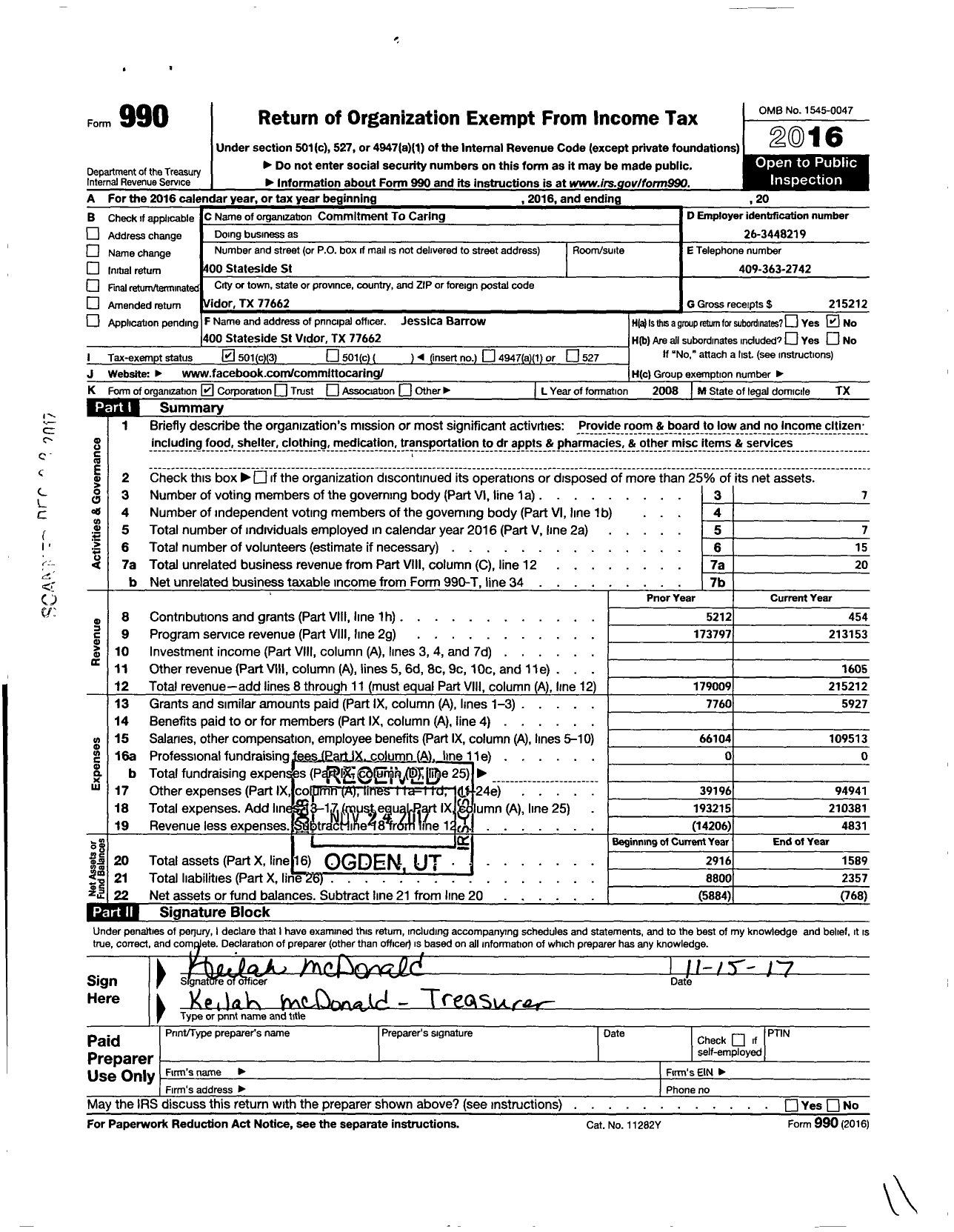 Image of first page of 2016 Form 990 for Commitment To Caring