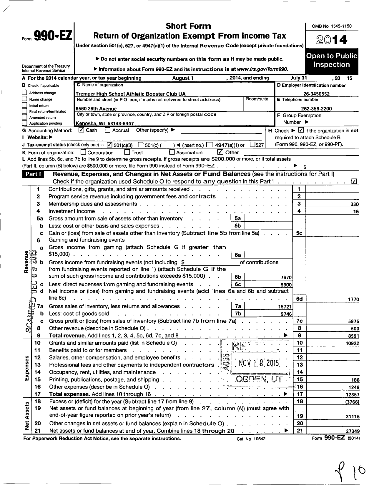 Image of first page of 2014 Form 990EZ for Tremper High School Athletic Booster Club