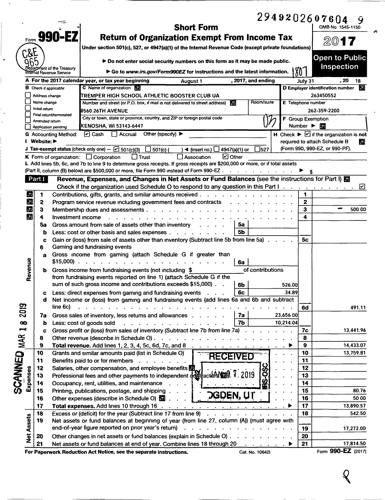 Image of first page of 2017 Form 990EZ for Tremper High School Athletic Booster Club