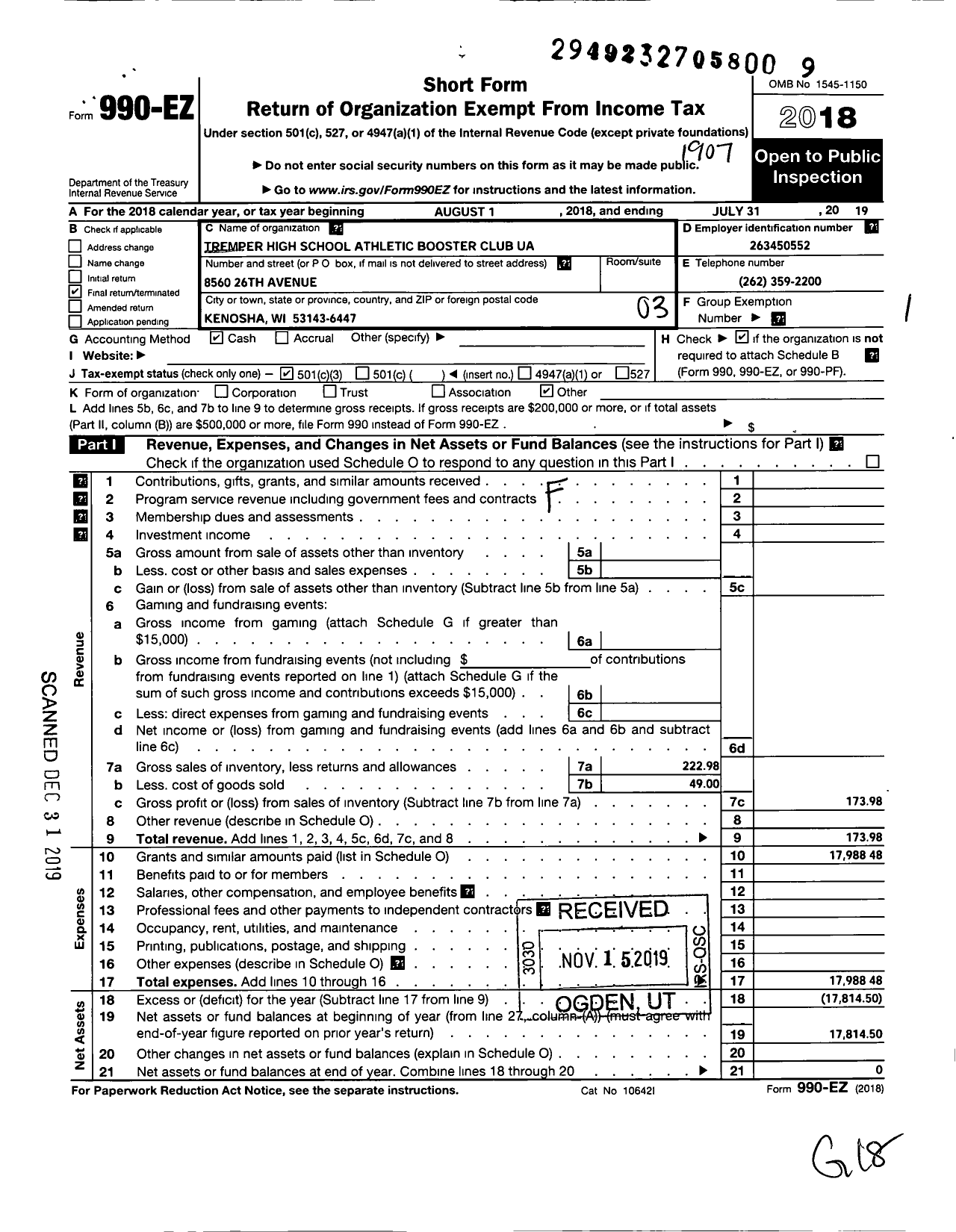 Image of first page of 2018 Form 990EZ for Tremper High School Athletic Booster Club