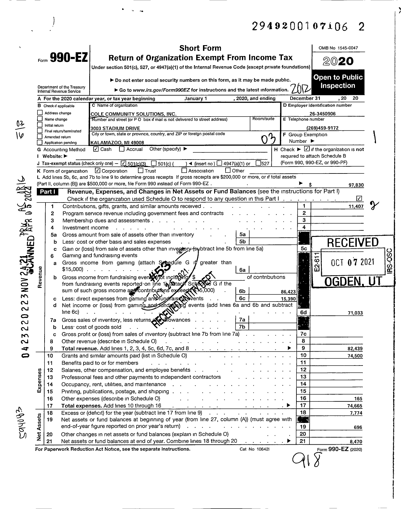 Image of first page of 2020 Form 990EZ for Cole Community Solutions