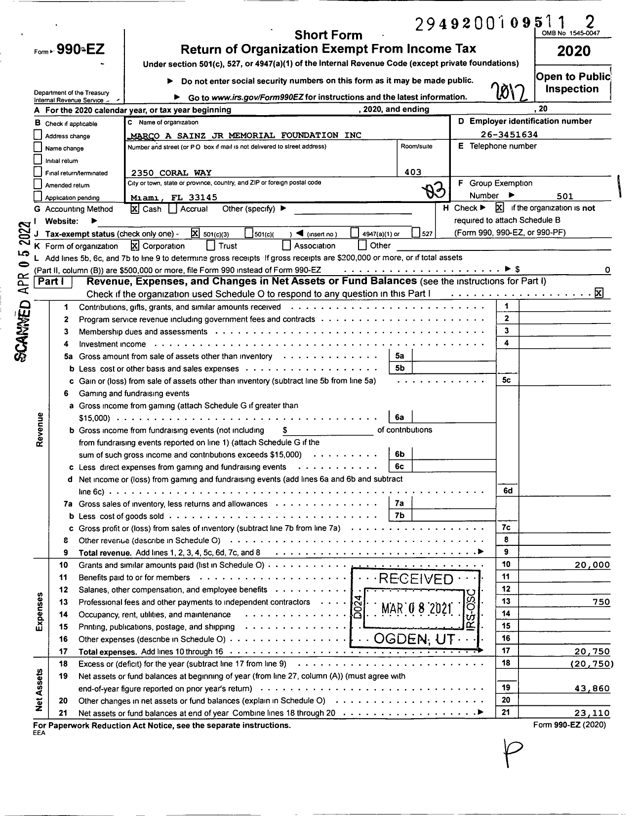 Image of first page of 2020 Form 990EZ for Marco A Sainz JR Memorial Foundation