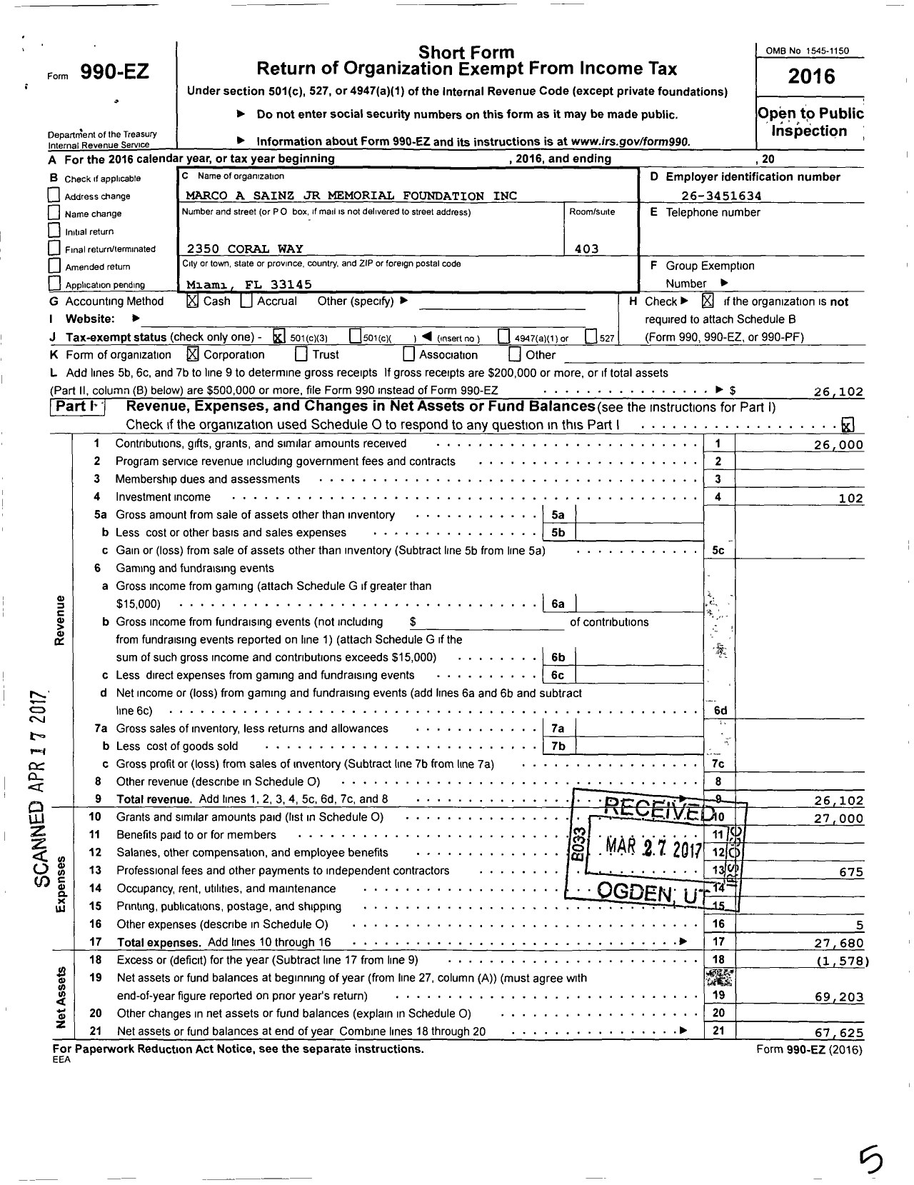 Image of first page of 2016 Form 990EZ for Marco A Sainz JR Memorial Foundation