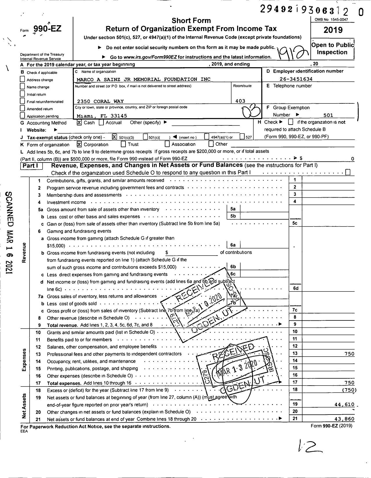 Image of first page of 2019 Form 990EZ for Marco A Sainz JR Memorial Foundation