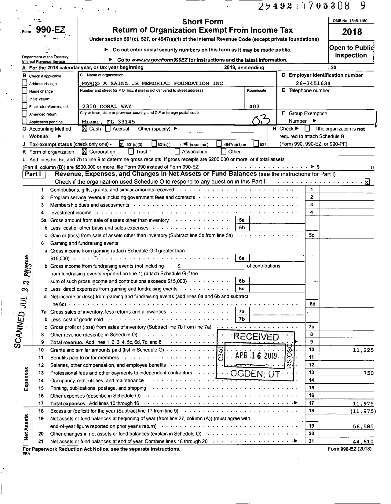 Image of first page of 2018 Form 990EZ for Marco A Sainz JR Memorial Foundation