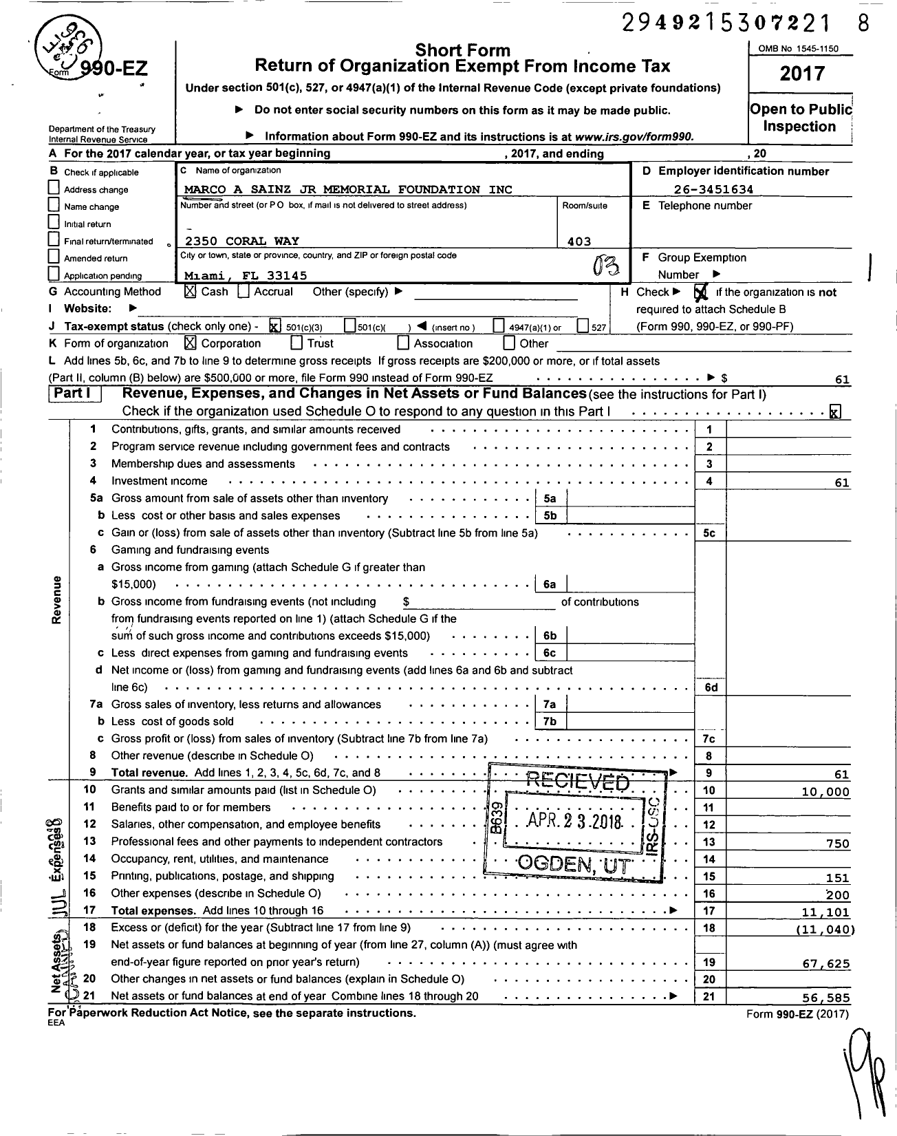 Image of first page of 2017 Form 990EZ for Marco A Sainz JR Memorial Foundation