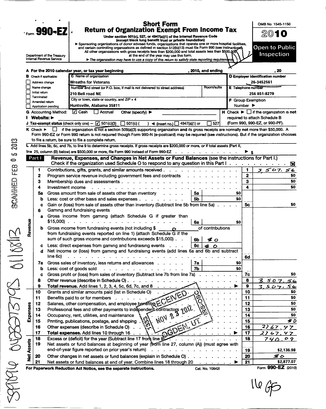 Image of first page of 2010 Form 990EZ for Wreaths for Veterans