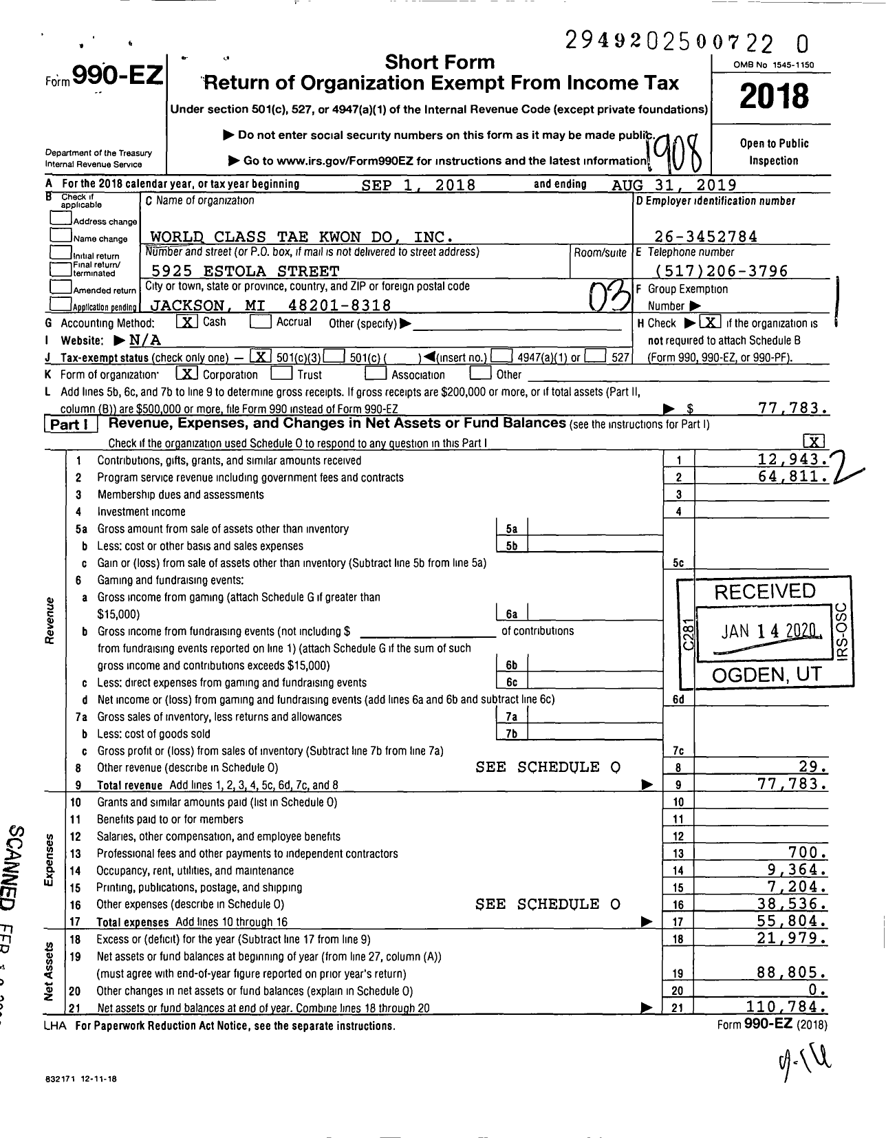 Image of first page of 2018 Form 990EZ for World Class Tae Kwon Do