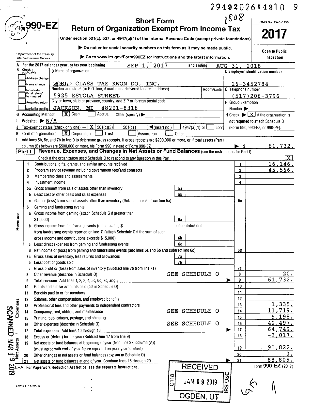 Image of first page of 2017 Form 990EZ for World Class Tae Kwon Do