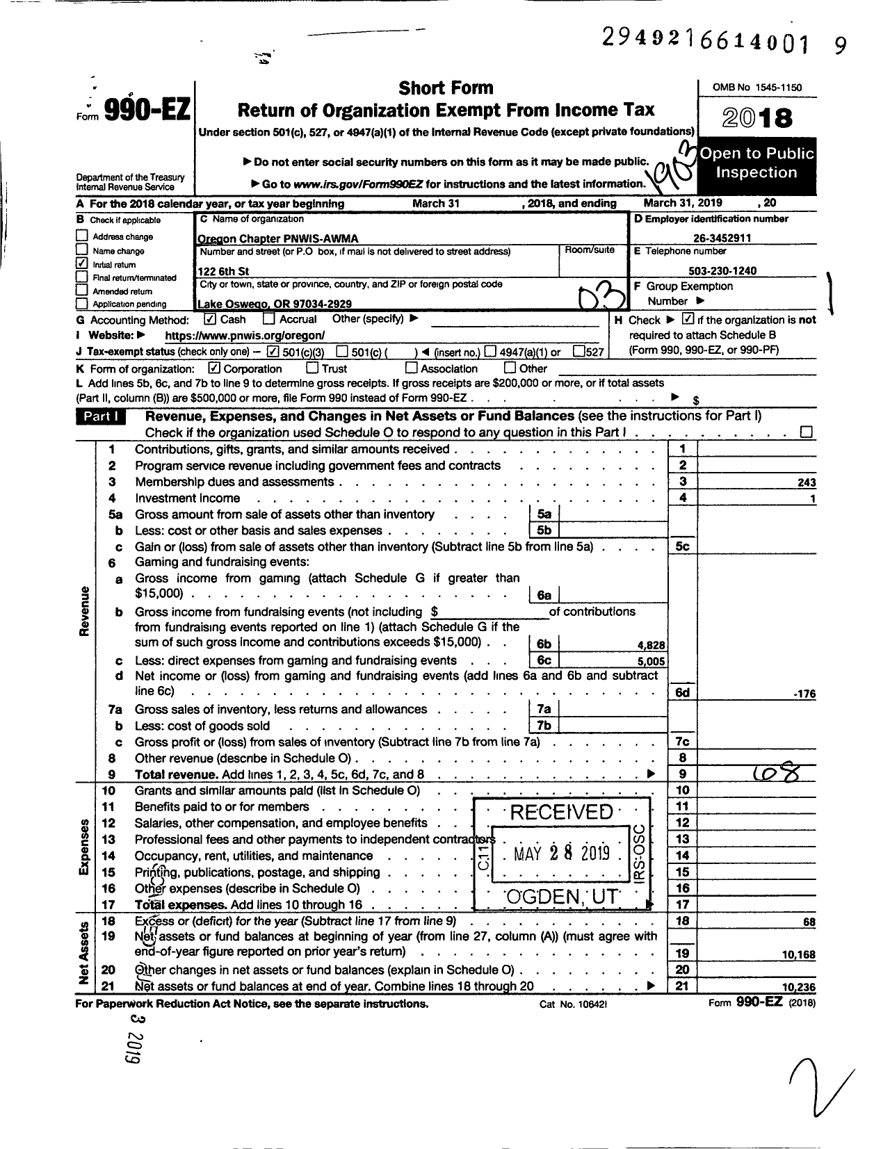 Image of first page of 2018 Form 990EZ for Oregon Chapter PNWIS-AWMA