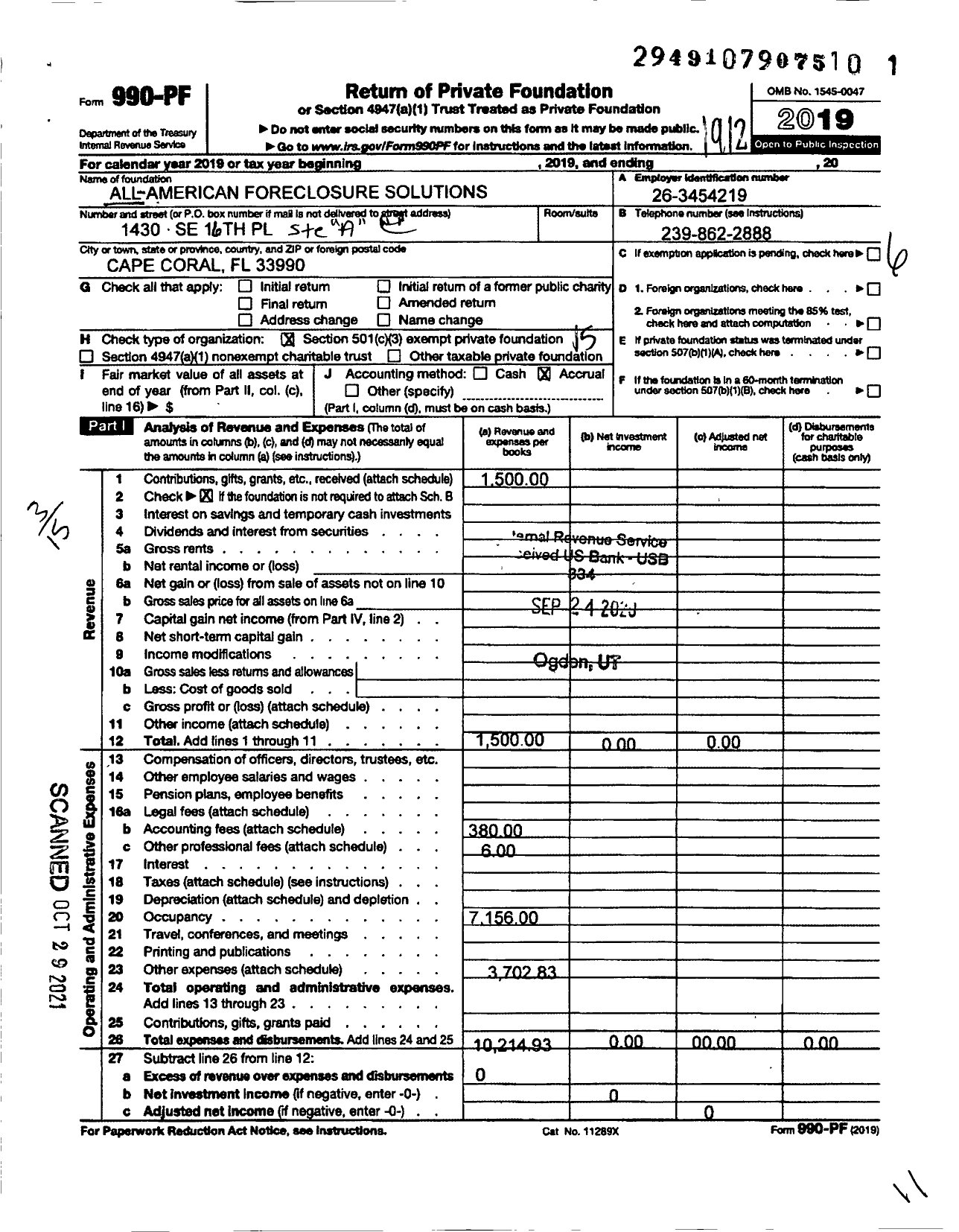 Image of first page of 2019 Form 990PF for All-American Foreclosure Solutions