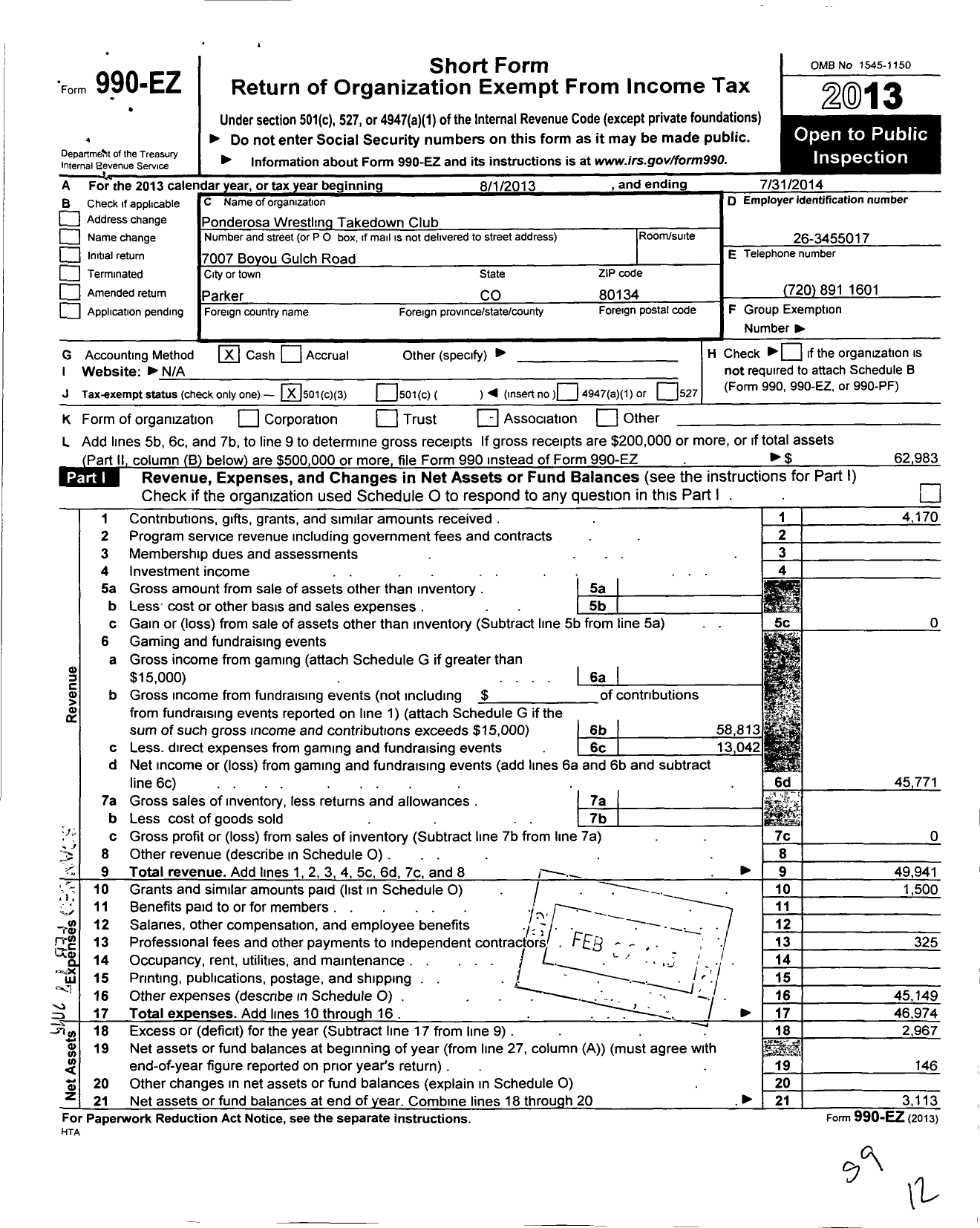 Image of first page of 2013 Form 990EZ for Ponderosa Wrestling Takedown Club