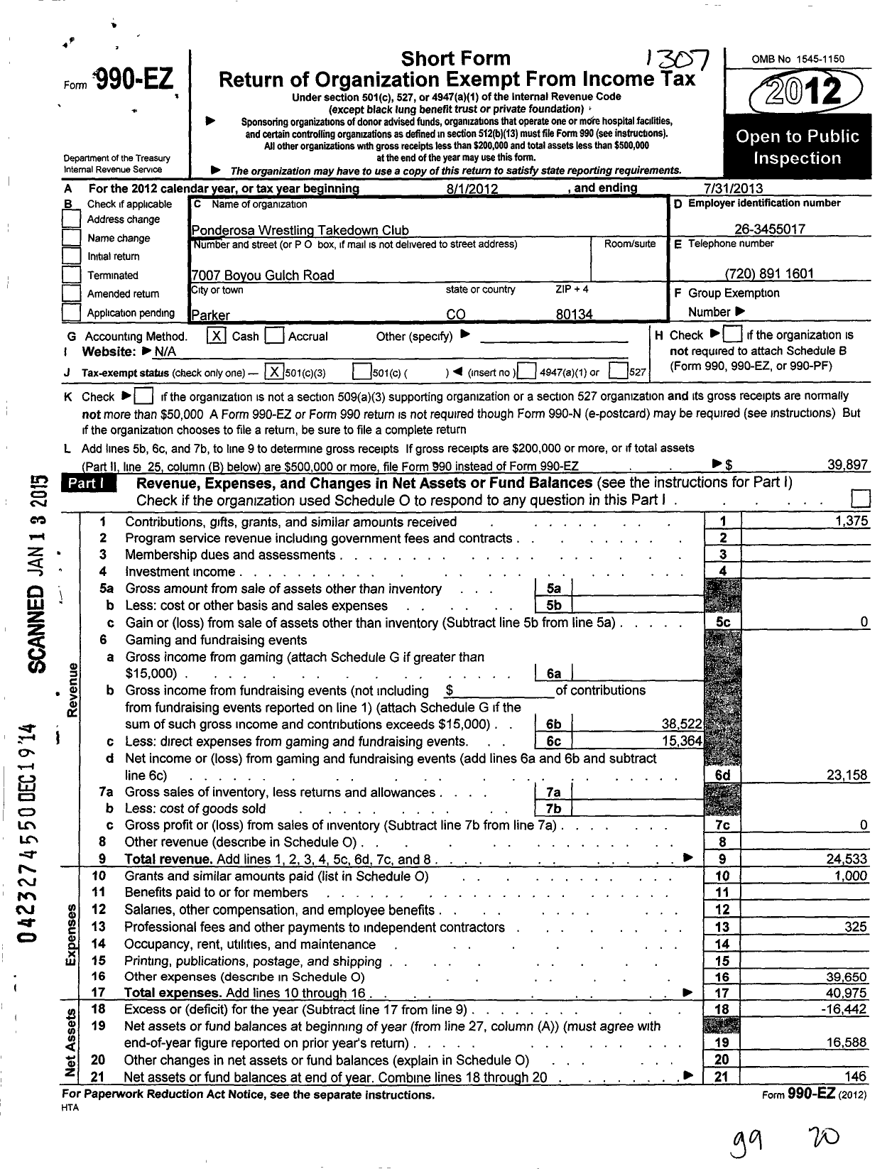 Image of first page of 2012 Form 990EZ for Ponderosa Wrestling Takedown Club