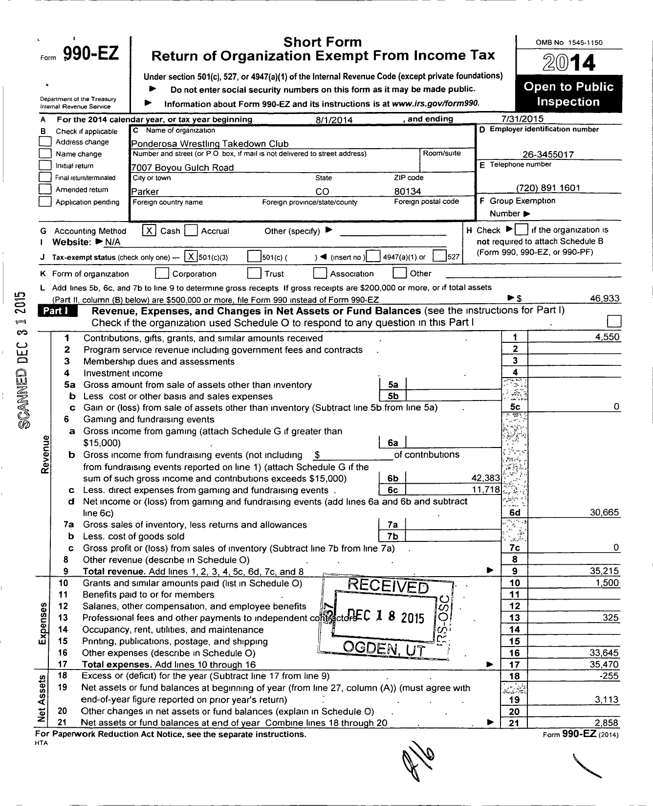 Image of first page of 2014 Form 990EZ for Ponderosa Wrestling Takedown Club