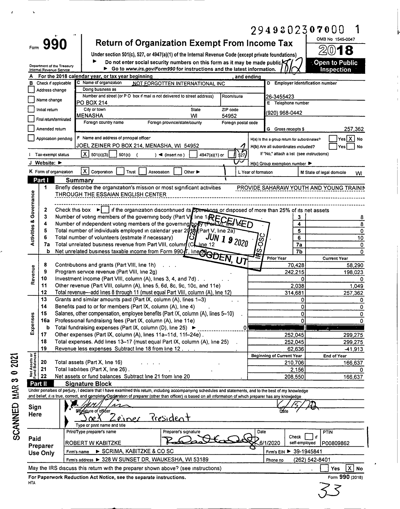 Image of first page of 2018 Form 990 for Not Forgotten International
