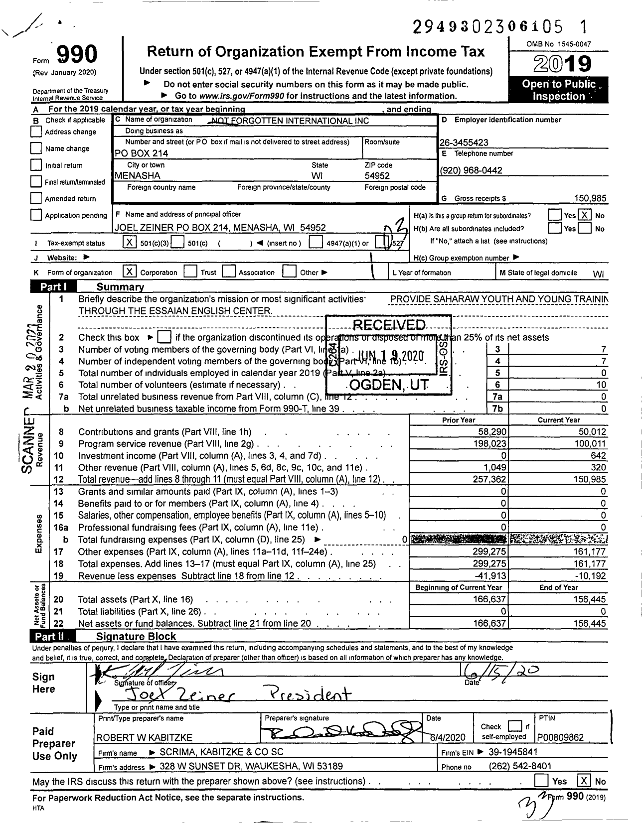 Image of first page of 2019 Form 990 for Not Forgotten International